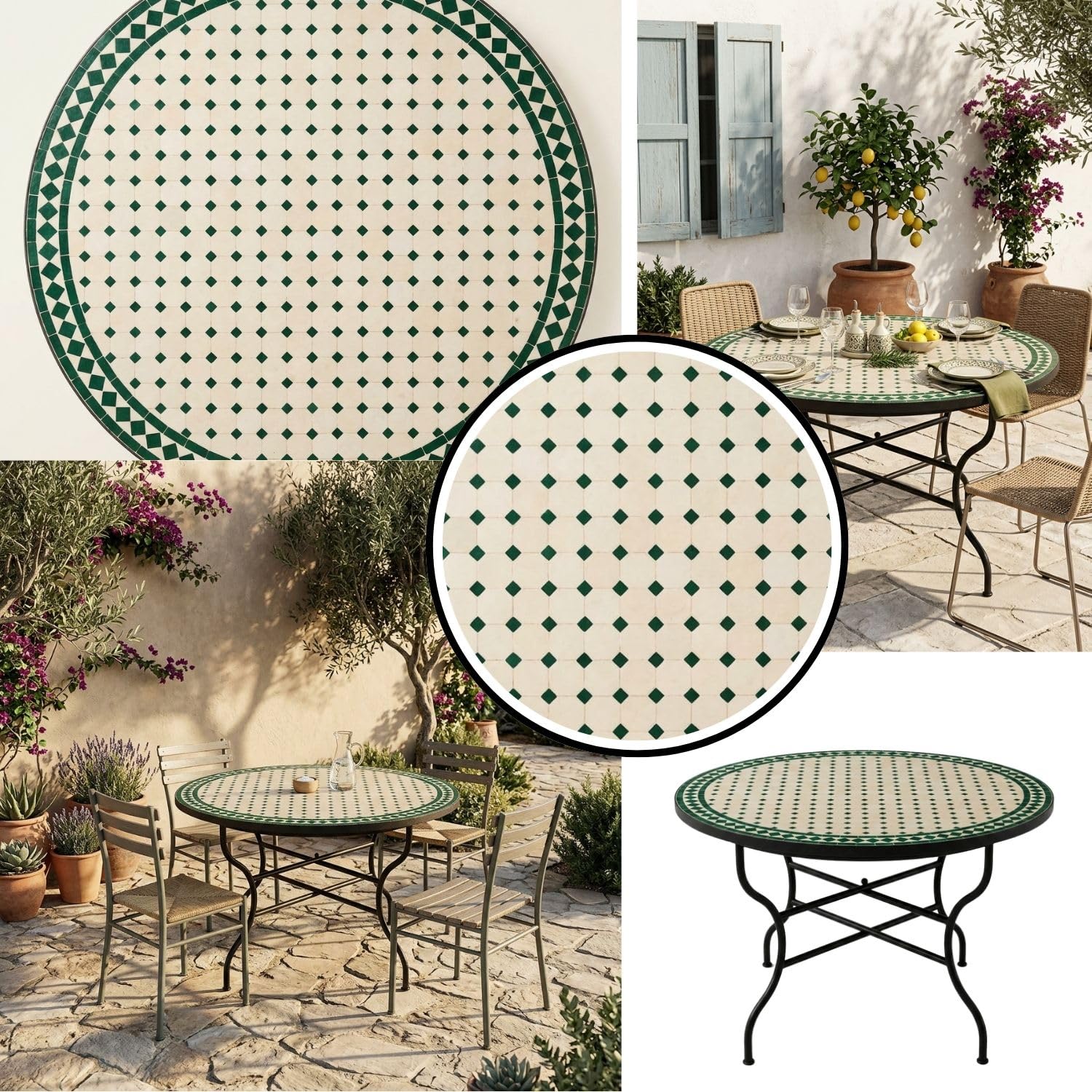 Tavolo a mosaico marocchino Marrakech, in ceramica, 120 cm, colore: beige/verde