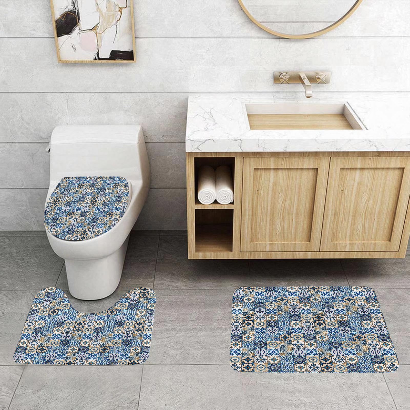Set di 3 tappetini da Bagno, Lavabili in Lavatrice e Antiscivolo, in Morbida Fibra Superfine, con Motivi Tradizionali portoghesi di azulejo.