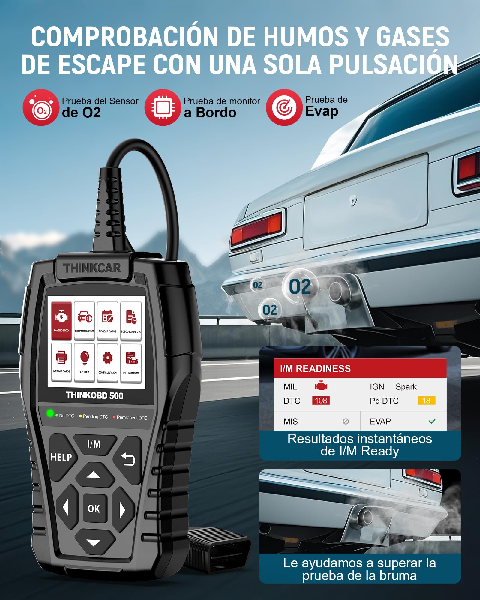 OBD2 Diagnosis, ThinkOBD 500 Diagnosis Coche Multimarca con Sistema del Motor, Diagnosis Coche Multimarca para Protocolos OBDII/EOBD, Verificación de Smog/Prueba EVAP/Apague MIL...