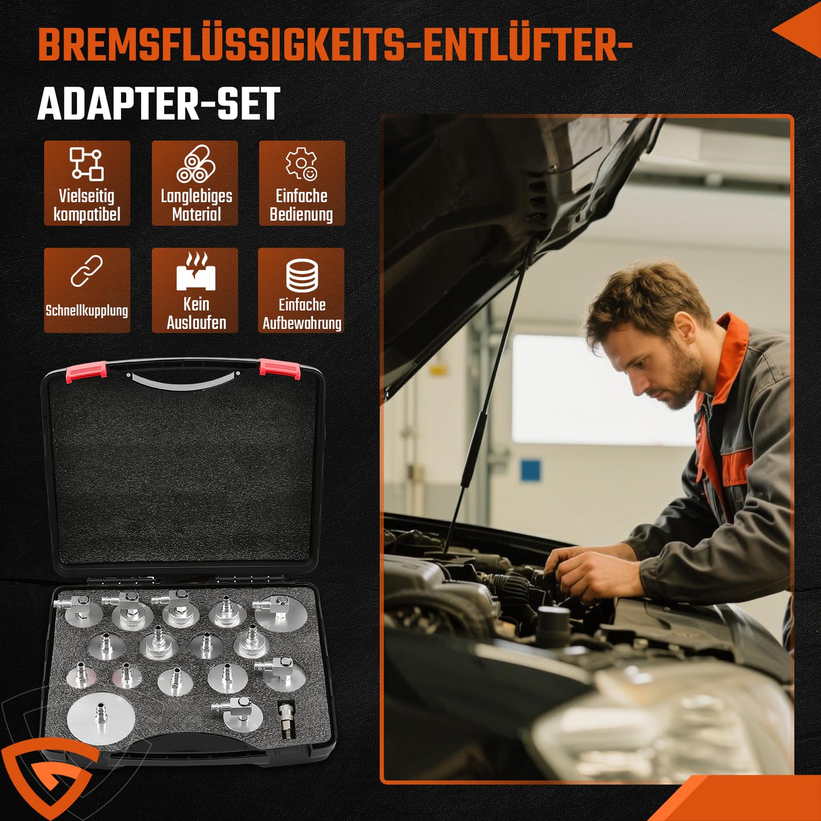 GEARMONSTER 17-TLG. Bremsenentlüftungsgerät Adapter Set Entlüftungsgerät Kfz Bremsenentlüfter Adapter mit Schnelladapter passend für Auto Bremssysteme Bremsenentlüftungs Set