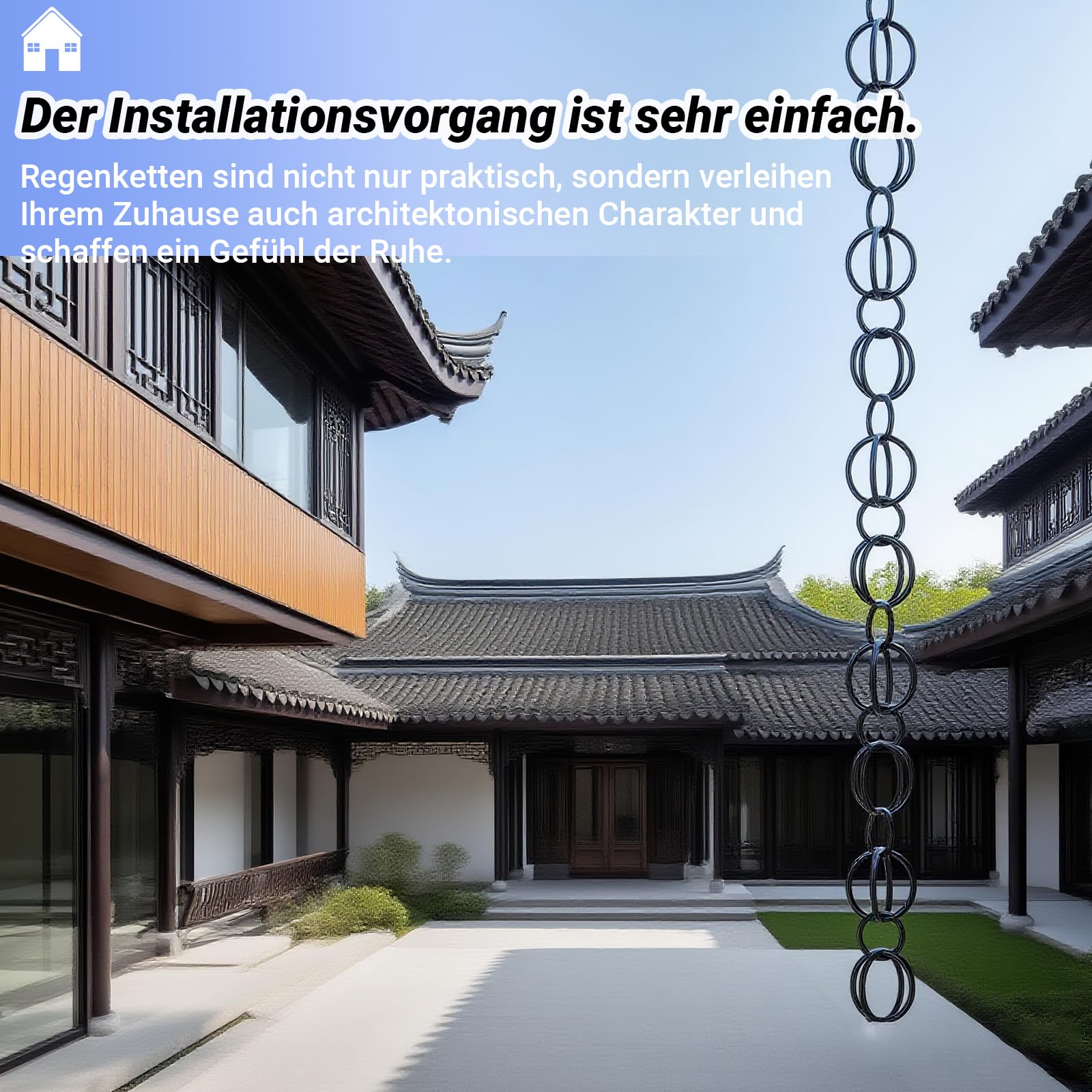 Regenkette, Dekoration, 244 cm, Metall-Doppelschlaufe, Regenfallrohr-Fangkette, Dachrinne, Ringregenkette, Regenketten für Haustraufen, Garten, Veranda und Terrasse2.4m(8ft)