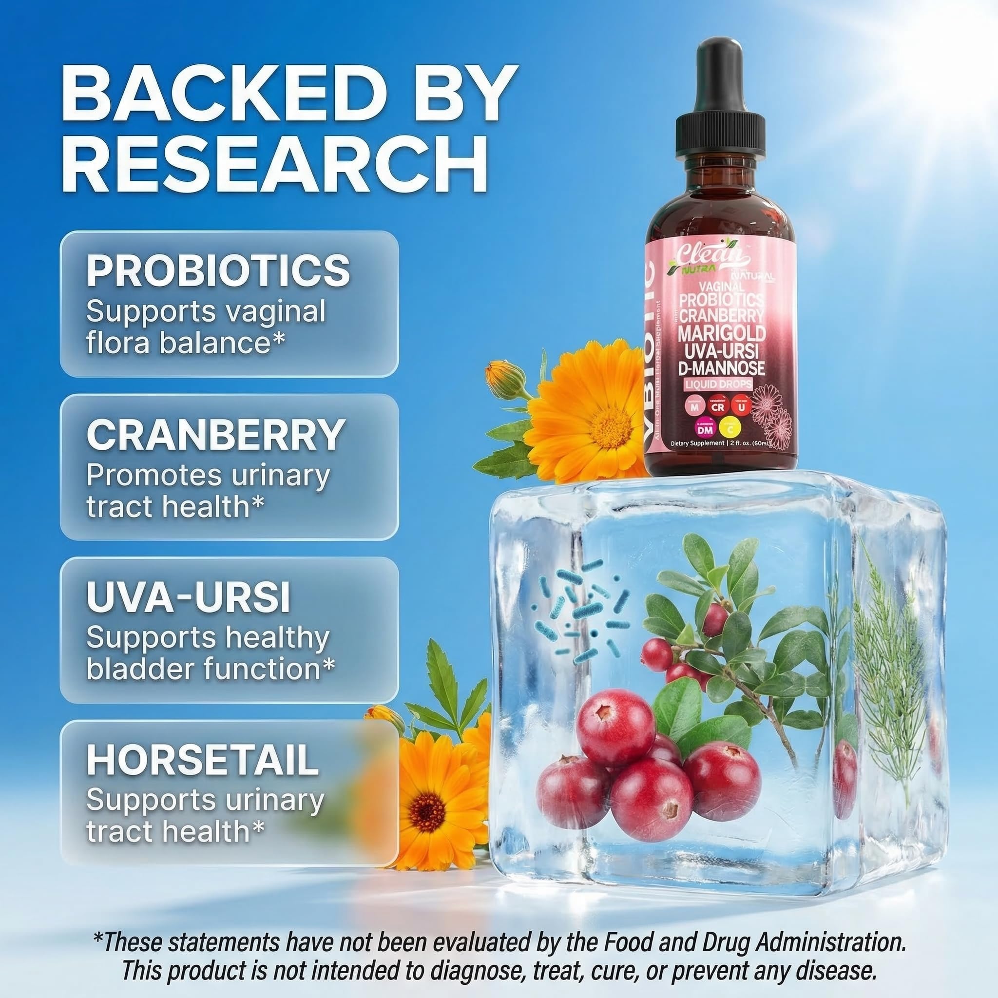 Clean Nutraceuticals VBiotic Vaginal Probiotic for Women Liquid Drops | Cranberry Uva Ursi Horsetail D-Mannose Prebiotics Marigold & Black Cohosh Vaginal Health Supplement | pH Balance — Amazon image 3