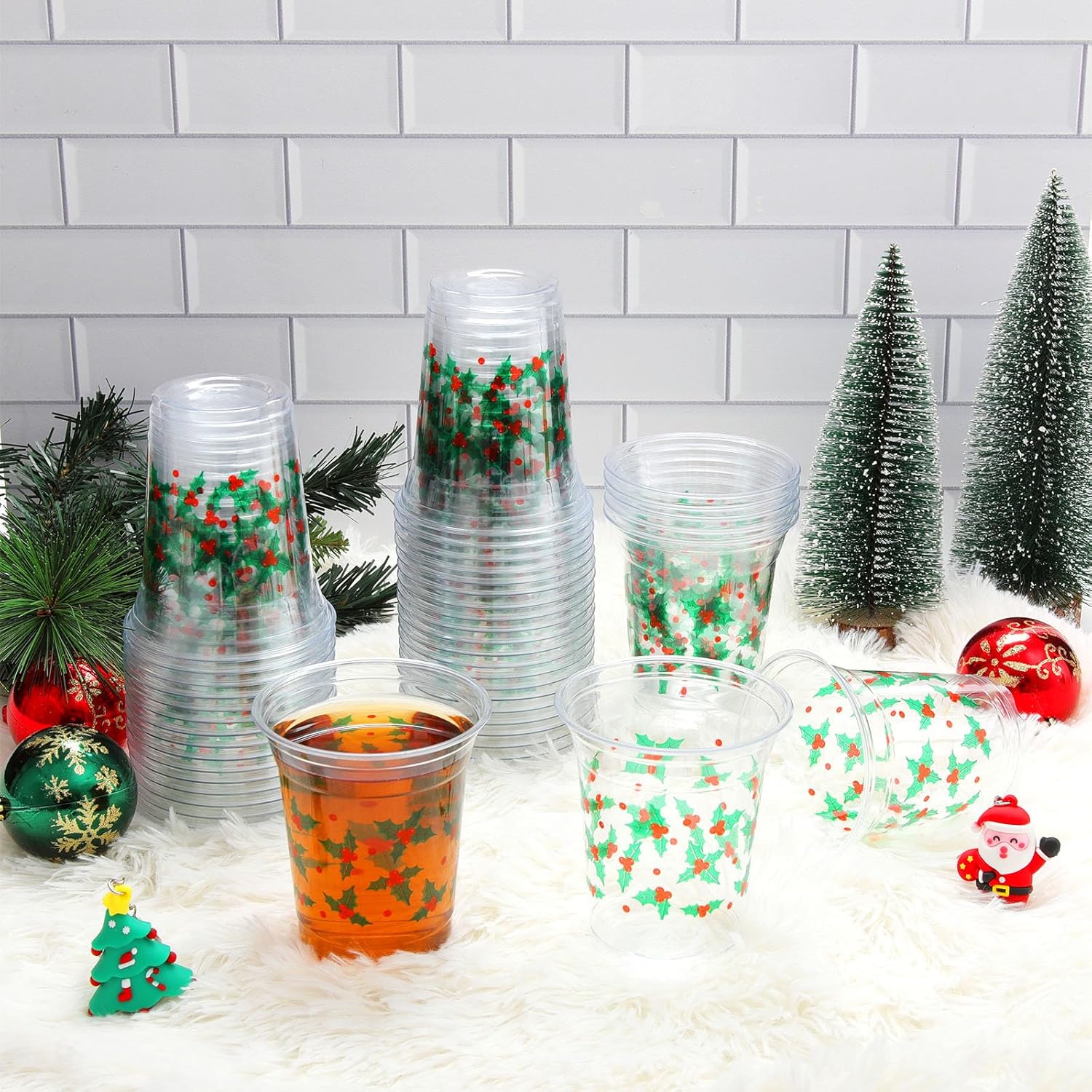 ABURRORI 50 Pcs 12OZ Christmas Plastic Cups, Holly Print Clear Plastic Cups, Beverage Holiday Party Favors For Xmas Themed Party Supplies - Image 4