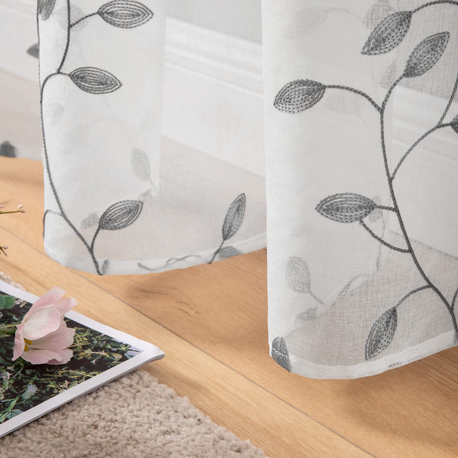 MIULEE Sheer Vorhang Voile Blumen Stickerei Vorhänge mit Ösen transparent Gardine 2 Stücke Ösenvorhang Gaze paarig schals Fensterschal für Wohnzimmer Schlafzimmer 145 cm x 140 cm(H x B) 2er-Set