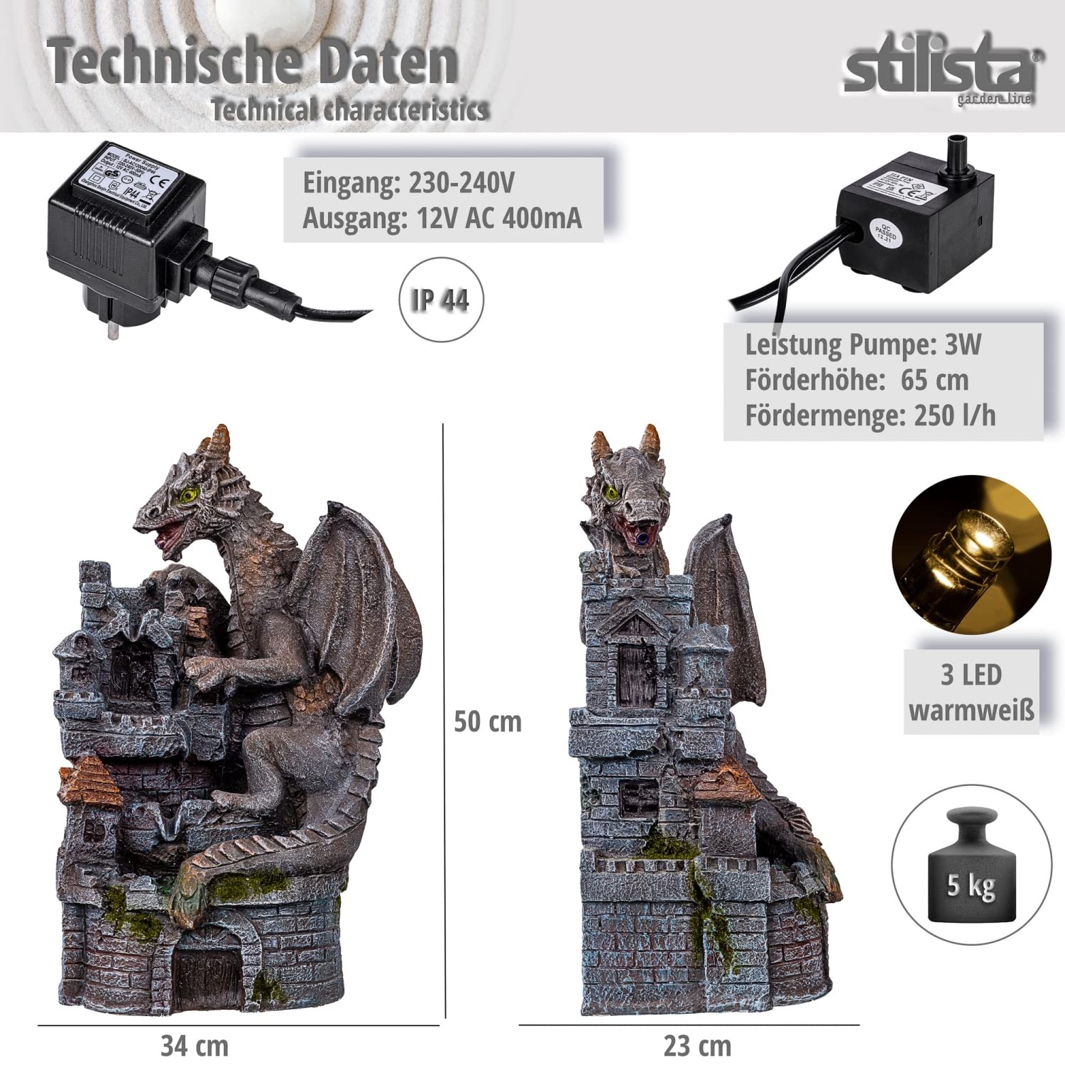 STILISTA Gartenbrunnen Drache 50 x 34 x 23 cm, mit LED Beleuchtung, inklusive Pumpe