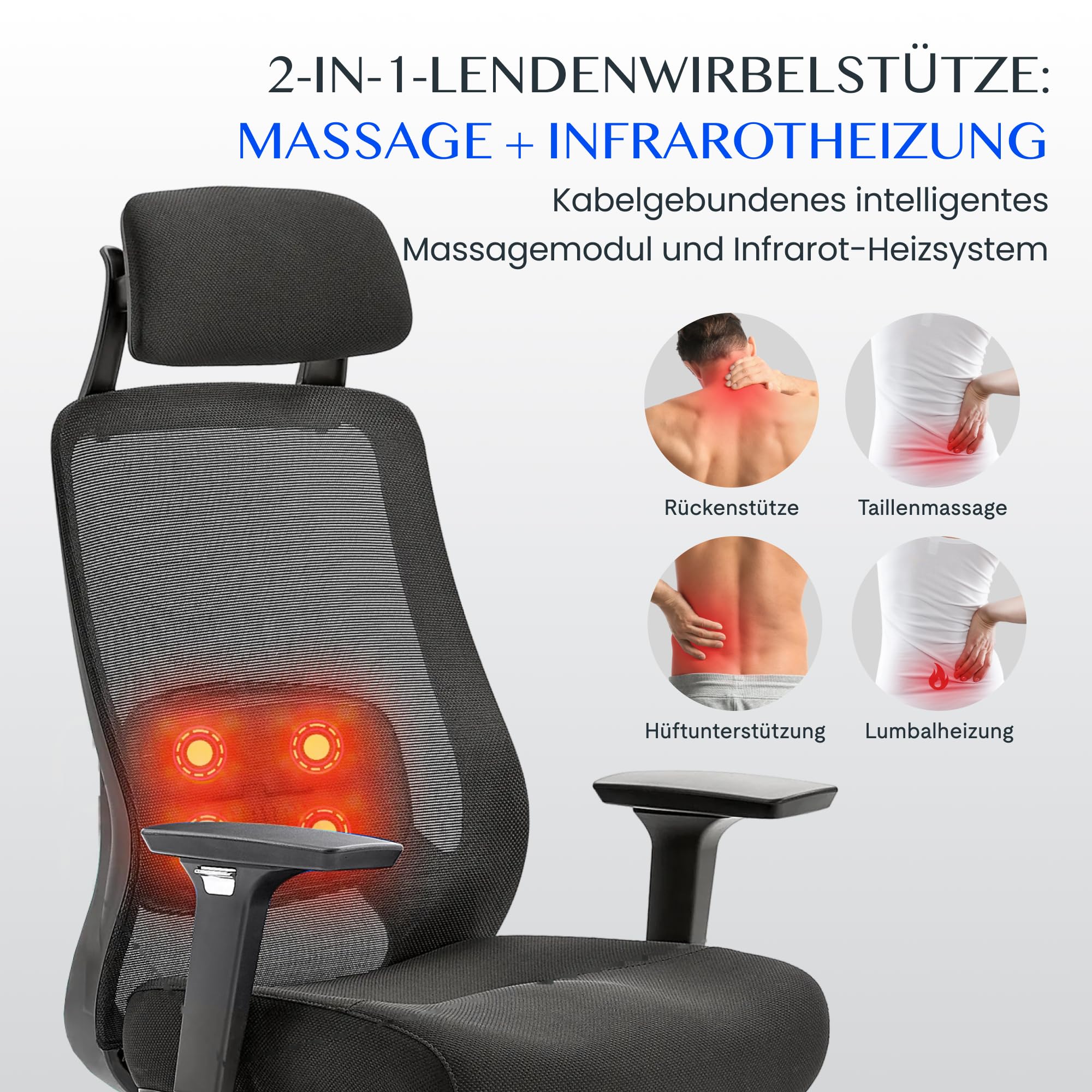 FLEXISPOT MasterEase Masażowe Krzesło Biurowe z Podnóżkiem i Gumowymi Kółkami, Ergonomiczne Krzesło Biurowe z 2D Wsparciem Lędźwiowym z Funkcją Grzania i Masażu (Czarny (z podnóżkiem PLUS kołami))