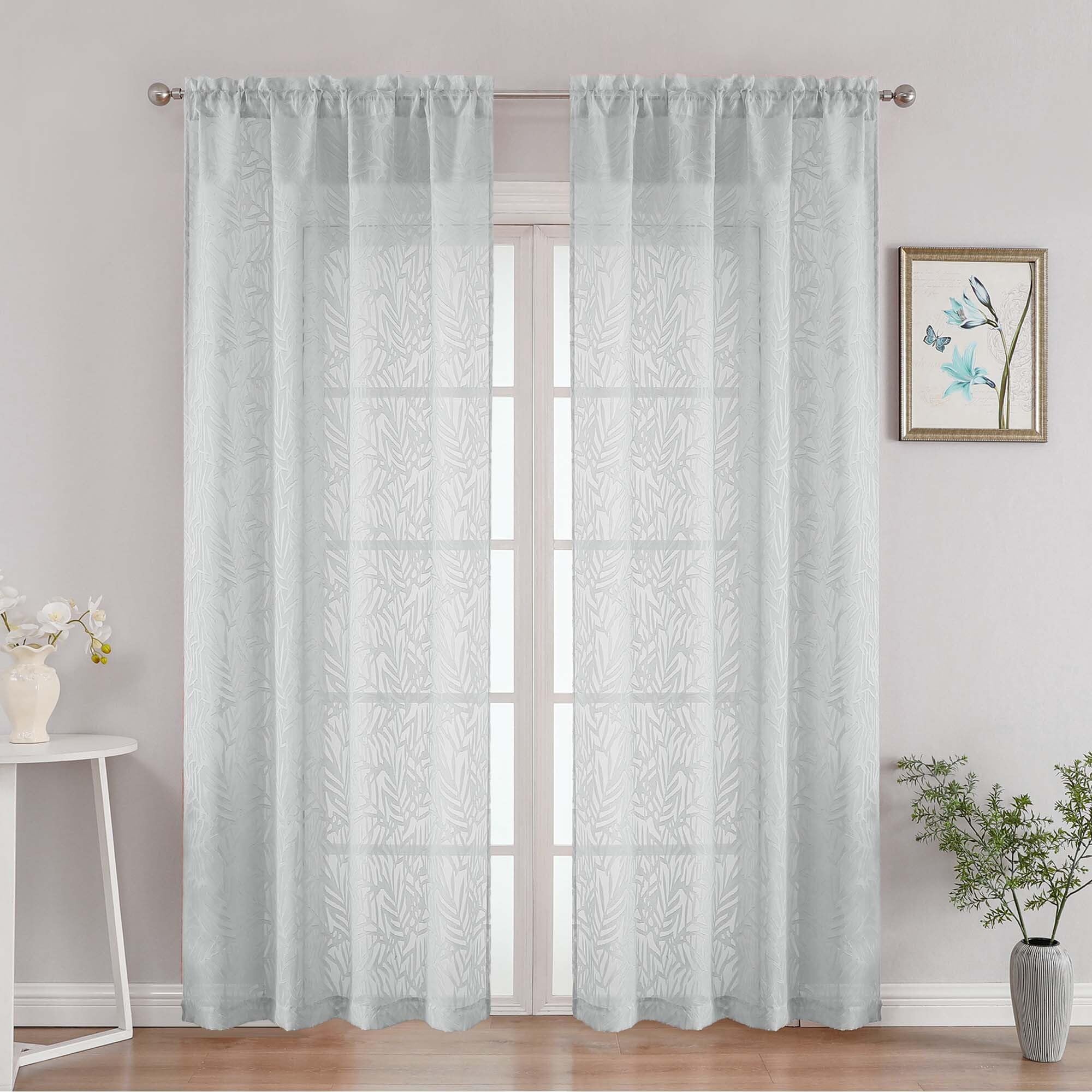 OVZME Light Grey Sheer Curtains 90 Inches Long 2 Panels, Leaf Jacquard Light Filtering Farmhouse Voile Sheer Curtains for Living Room, Modern Drapes with Dual Rod Pocket Design, 2x42Wx90L Inches โ image 1