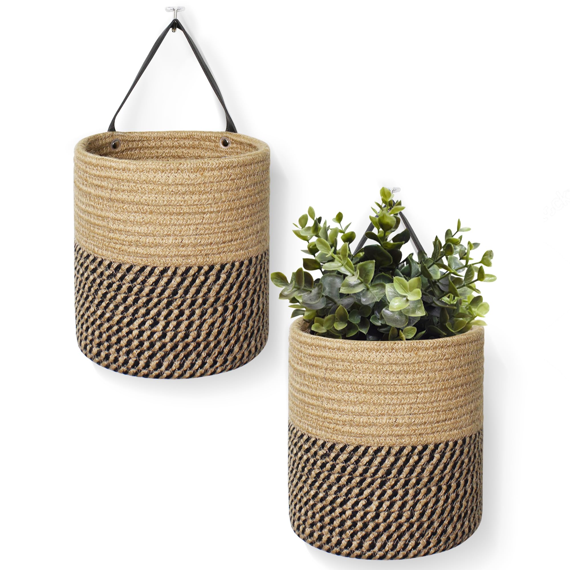 MEGASKET 2 Pack Wall Basket, Small Hanging Baskets for Organizing, Wicker Boho Wall Decor Set, Indoor Hanging Plant Holder Jute Rope Storage Basket, Rattan Woven Organizer for Decor, Black and Jute