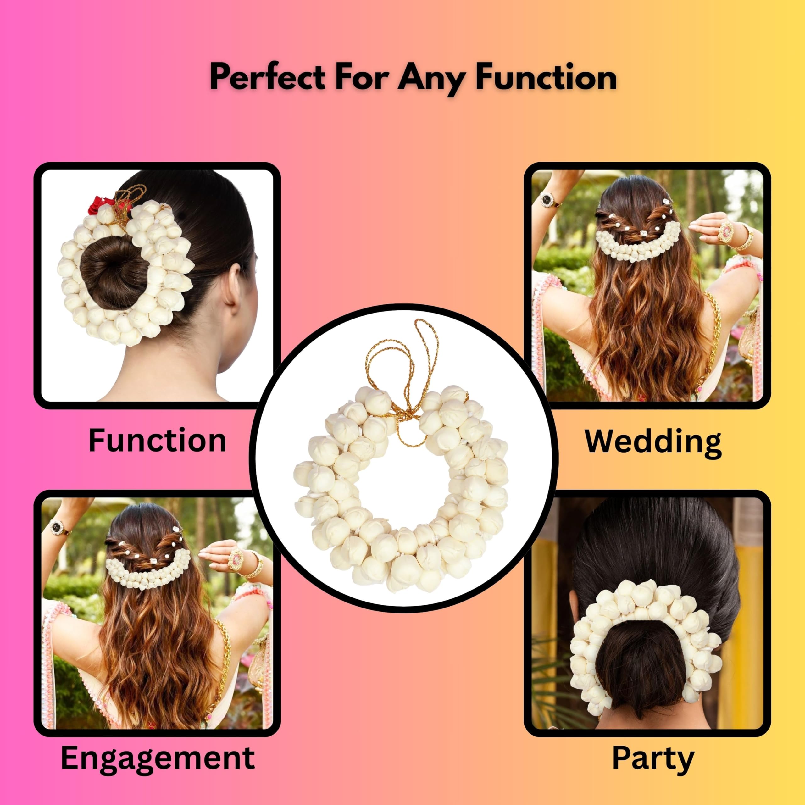 TrendyTrolley Artificial Mogra Gajra 2 Pc Set | Yellow & White Gajra for Women | Bridal Wedding Haldi Mehendi Bride to Be Bharatanatyam Kathak Dance Hair Accessorie | Floral Bun for Hair Styling 4