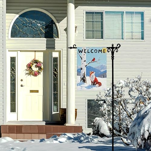 Miniatura 4 de Bandera de jardín cardenal de zorro de invierno de bienvenida para exteriores, pájaros rojos, abedules blancos, bandera decorativa de doble cara,