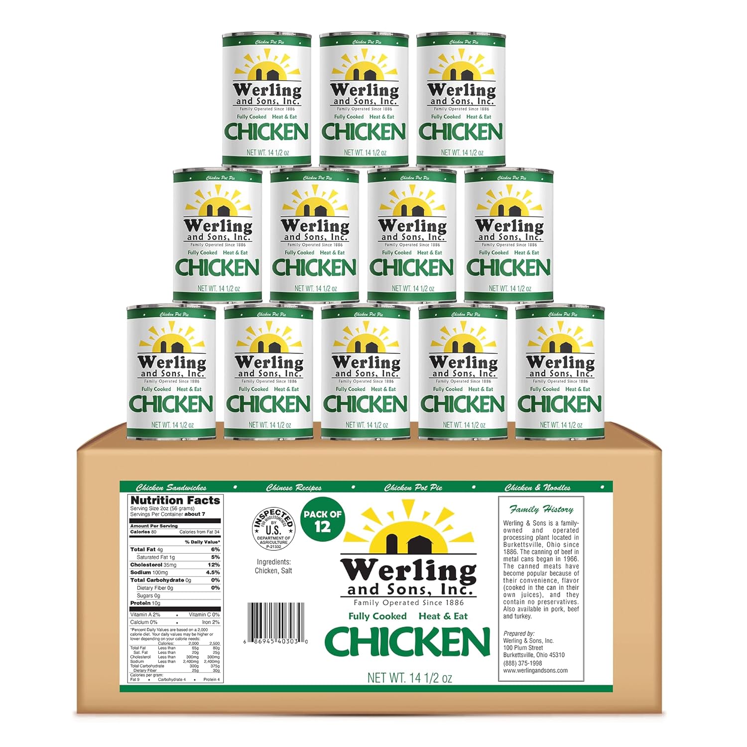 Werling & Sons Canned Chicken 14.5 Oz– Fully Cooked, Ready to Eat | Premium Quality, Recipe-Ready Canned Meat | 5-Year Shelf Life | Pantry Staple for Camping, Survival & Emergency Use | Made in USA | Pack of 12