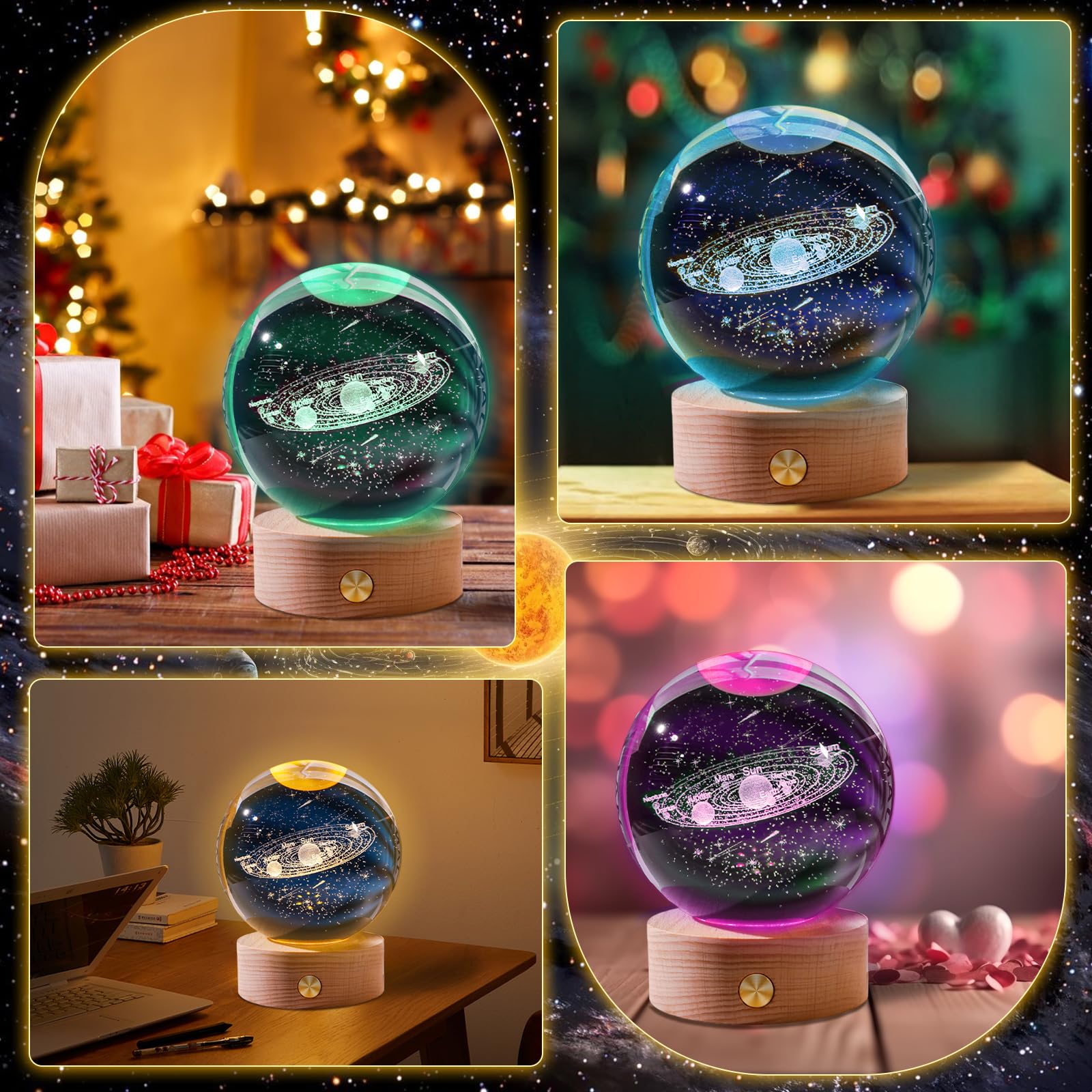 Sfera Cristallo 3D Sistema Solare - Lampada LED Notte Con Base Legno Per Decorazione E 286199