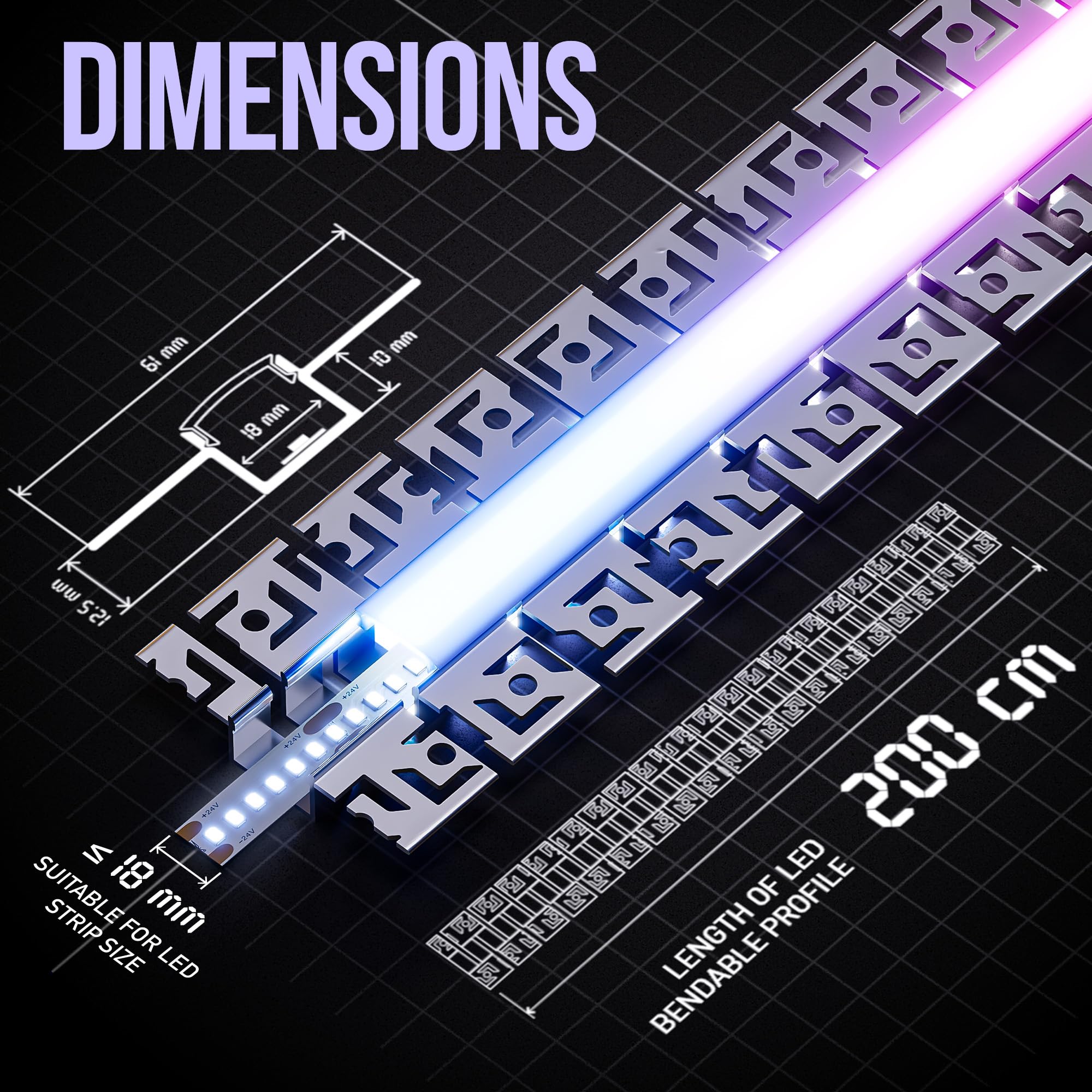 Shine Plus Profilo LED flessibile per controsoffitti 2m, guida LED curva per strisce LED, flessibile per costruzioni a volta e decorazioni murali (FS61_2m, 20 pezzi)