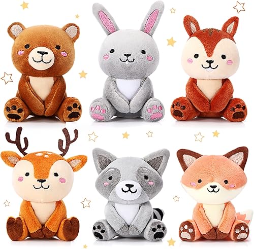 Aoriher 6 juguetes de peluche de animales del bosque a granel de 4 pulgadas, lindo oso de peluche, conejo, ardilla, mapache, llavero de peluche para