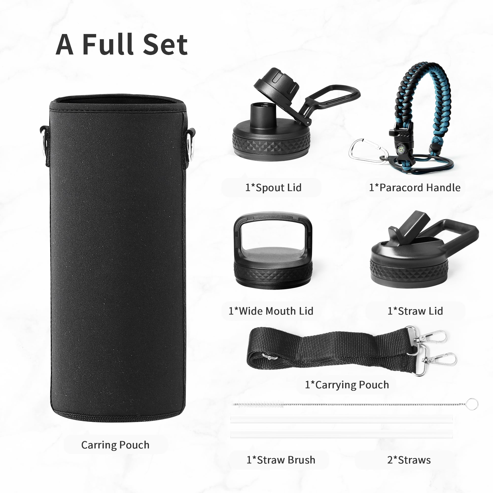 Trebo 1.2 L Edelstahl Trinkflasche Isoliert mit Paracord-Griff & 3 Deckeln | Große Metall Wasserflasche mit Strohhalm, Drei-Wand-Vakuum Isolierflasche, 48 Stunden kalt 24 Stunden heiß, Spülmaschinenfest