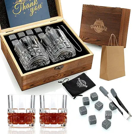Sovyime Whiskey Stones Gift Set - Chilling Stones & Bourbon Glasses - Perfect for Men, Groomsmen, Dad