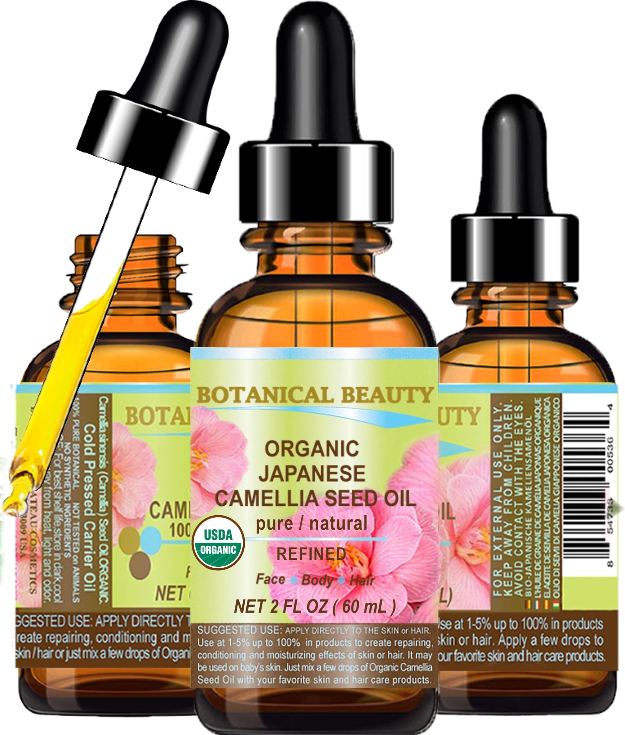 Botanical Beauty Japanese ORGANIC CAMELLIA Seed Oil. 100% Pure Natural Undiluted Refined Cold Pressed Carrier Oil to revitalize and rejuvenate the hair, skin and nails. 2 Fl. oz 60 ml