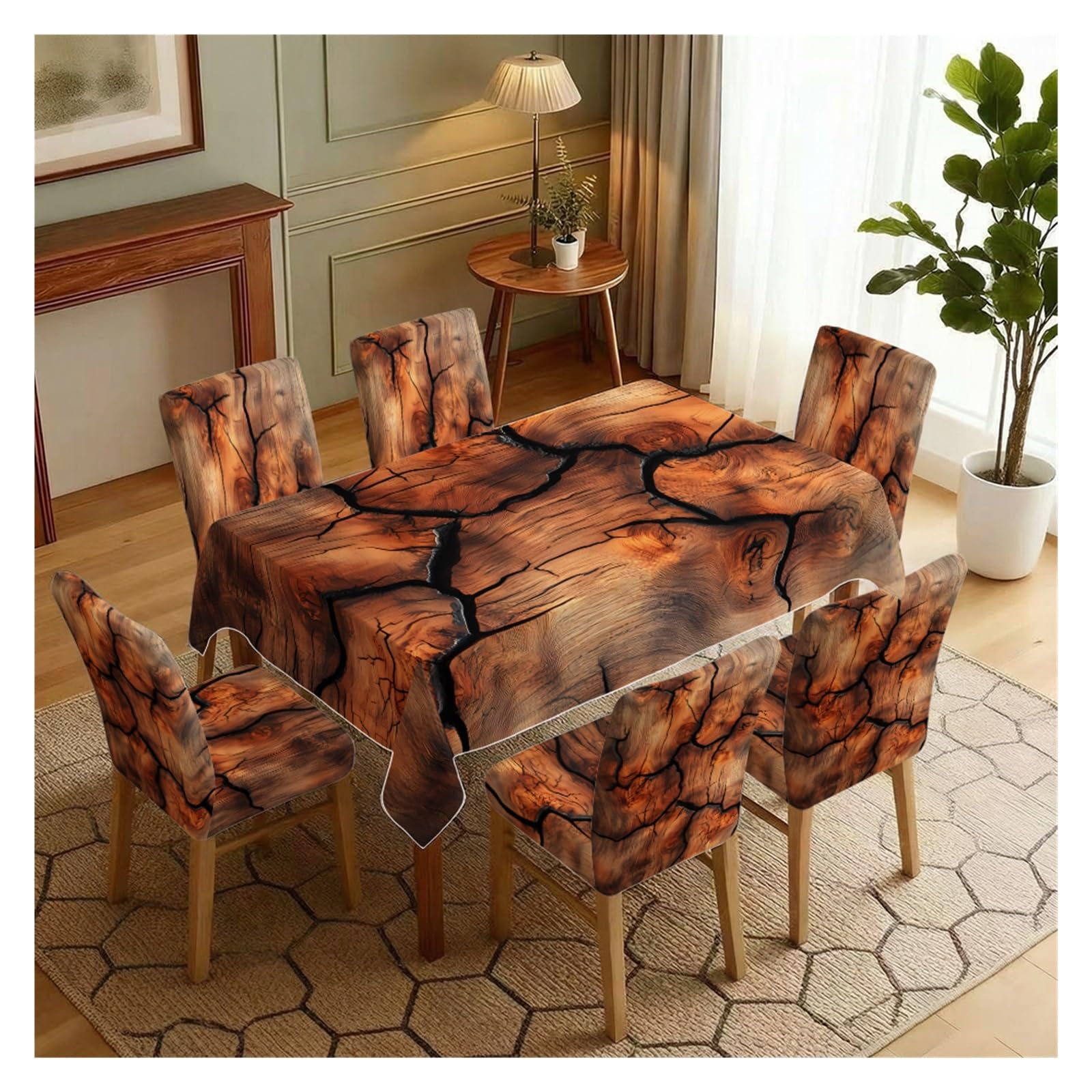 BOSUYBN Vintage Cracked Wood Grain Printed Dining Tablecloth & Chair Covers Set, 5/7 Piece Rustic Farmhouse Home Decor Table Setting(7pcs Set: Tablecloth+Chair Covers)