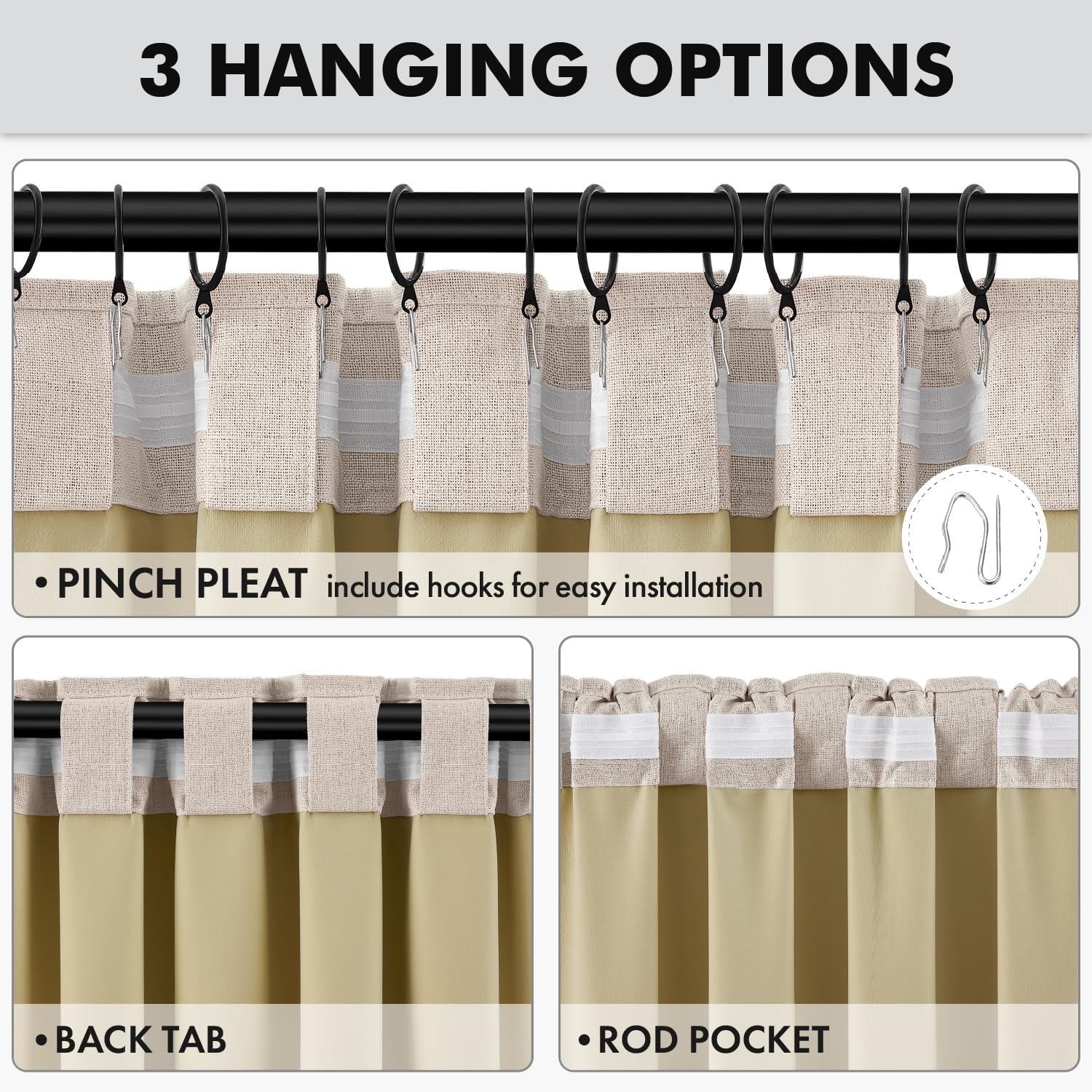  100% Blackout Linen Curtains 42 x 63 Inch Natural 2 Panels | Thermal Insulated, Room Darkening Drapes for Bedroom Living Room, Back Tab Rod Pocket Pinch Pleated, Solid Luxury Decor thumbnail