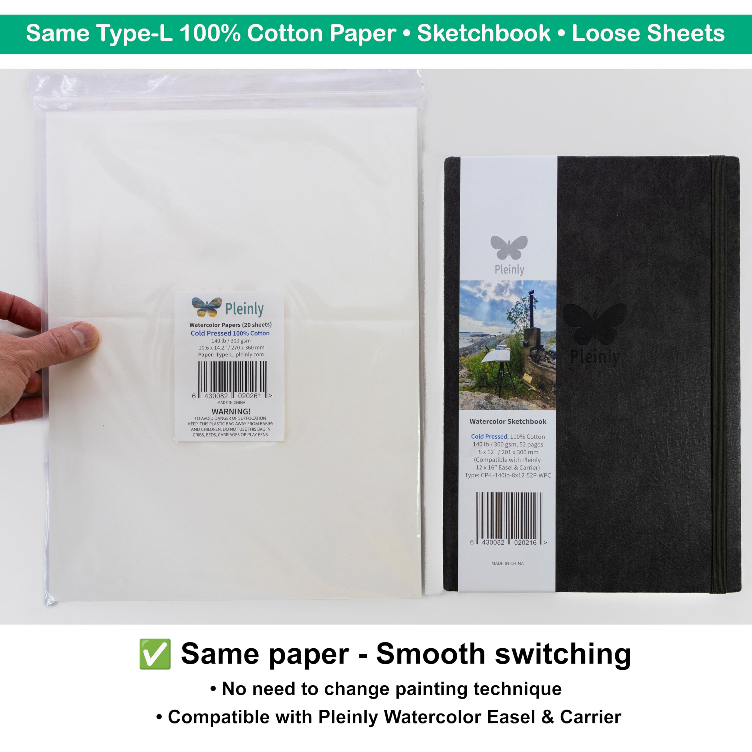 2 cuadernos de bocetos PLEINLY de acuarela 100% algodón HP y CP, papel tipo L, tamaño grande de 8 x 12 pulgadas, 140 libras/300 g/m², 2 x 52 páginas, vertical, cabe en un soporte de panel húmedo, tapa