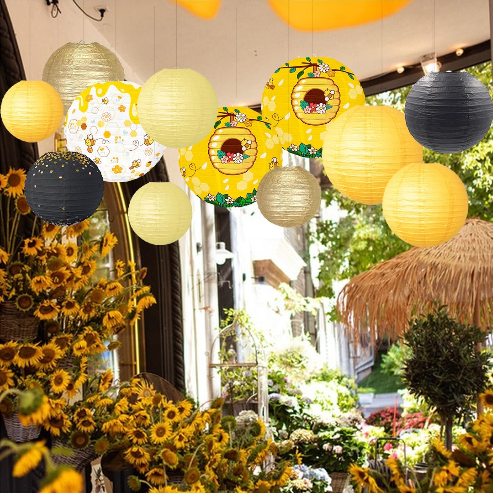 Wiosenna Latarnia Festiwalowa, 12 Szt. Papierowych Lampionów Wiszących Na Imprezę Z Motywem Pszczół Urodziny, Zewnątrz I Do Wewnątrz Przyjęcie