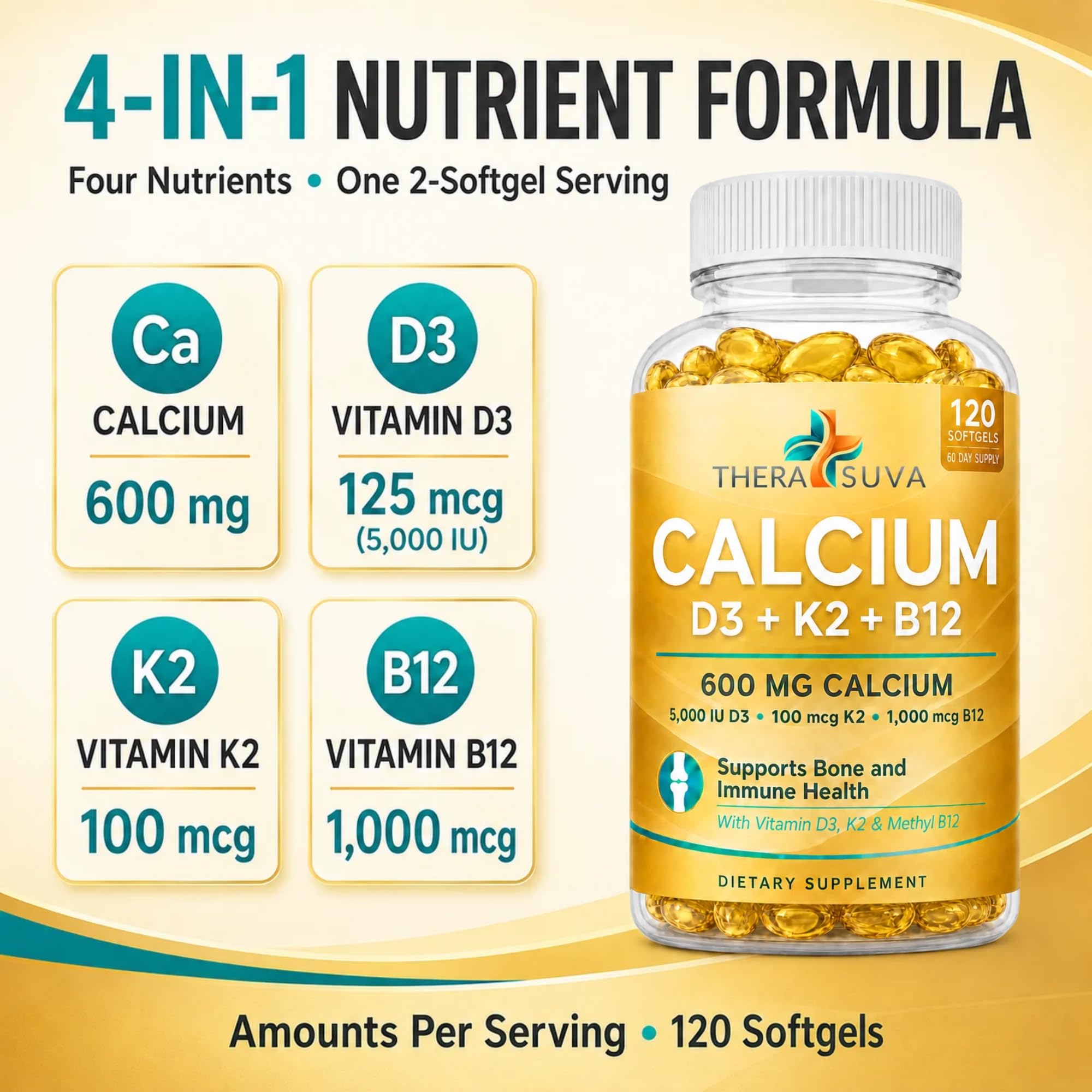 Extra Strength 4-in-1 Calcium 600mg + D3 + K2 + B12, 120 Veggie Softgels — Amazon image 4