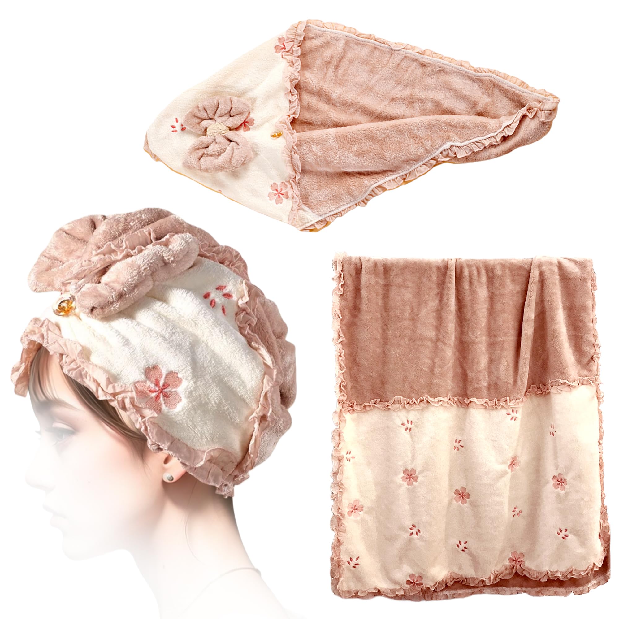 UINSUE Hair Towel Set Cute Bow Design Girlish Sakura Embroidery Soft Coral Fleece Fast Drying Bath Wrap for Women Shower Home Spa (Pink)