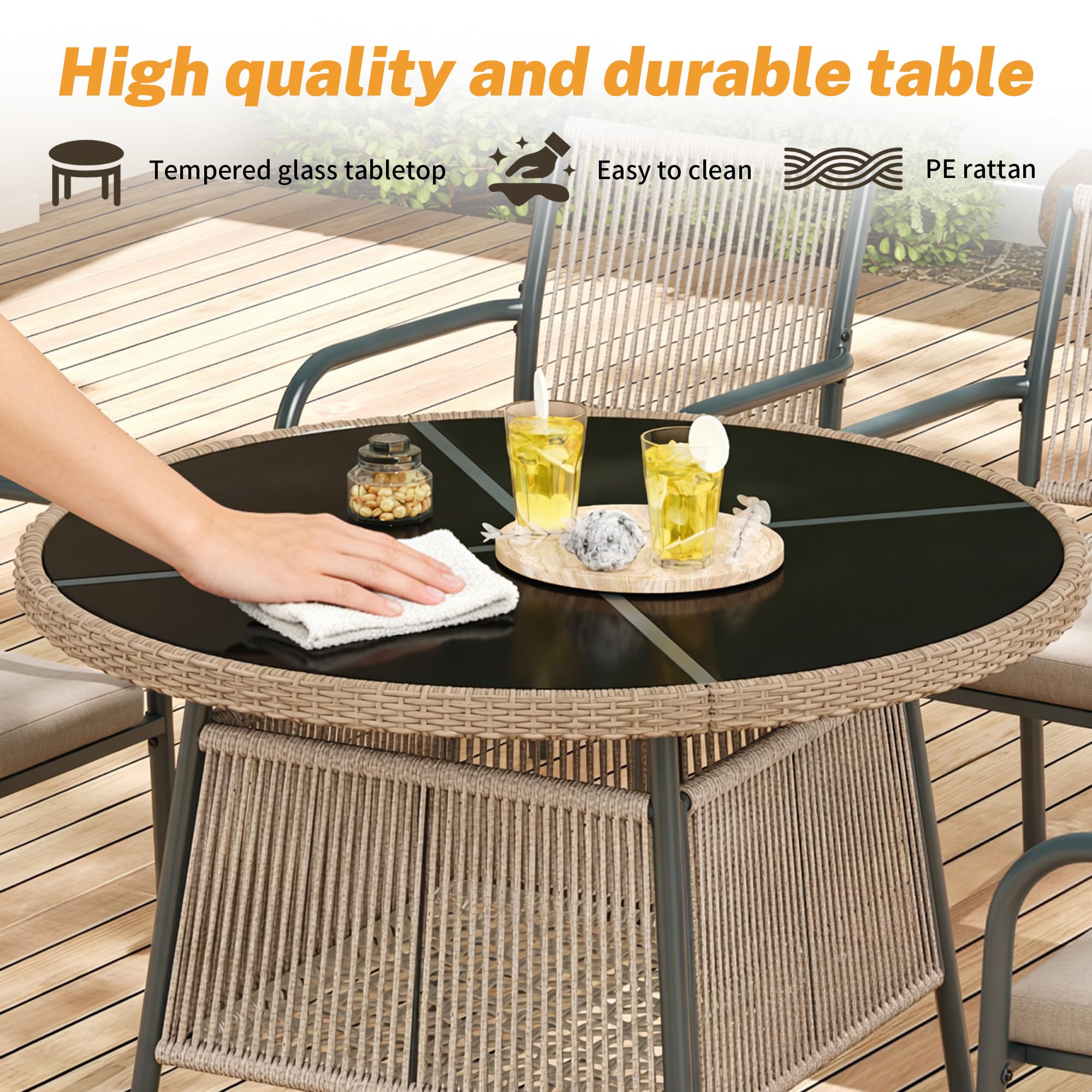 Conjunto Mesa y Sillas Jardín Ratán PE 5 Piezas, Conjunto Jardin Exterior con 1 Mesa de Comedor Redonda y 4 Sillones, Mesa y Sillas Terraza Exterior con Cojines, Marco Metálico, Gris