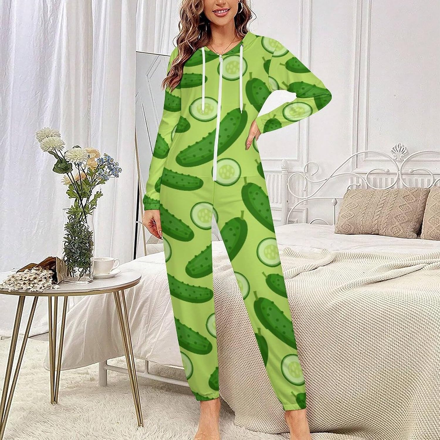 Dill Pickles Adult Pajamas Onesie with Hood Pocket Jumpsuits One Piece Sleepwear