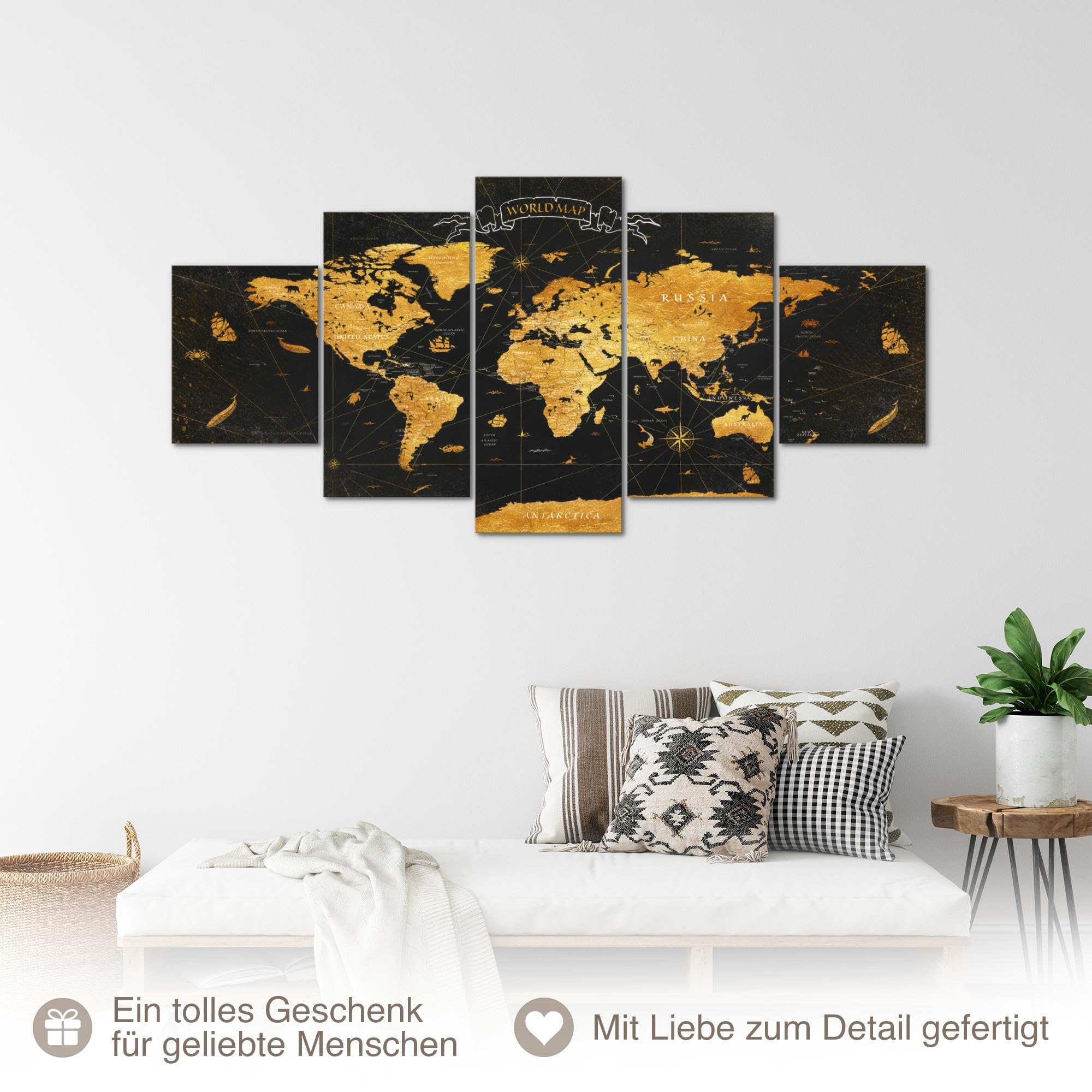 Runa Art - Peinture carte du monde 200L x 100l cm 5 Parties XXL Decoration Murale Dessin Carte mondiale or noir 056451a