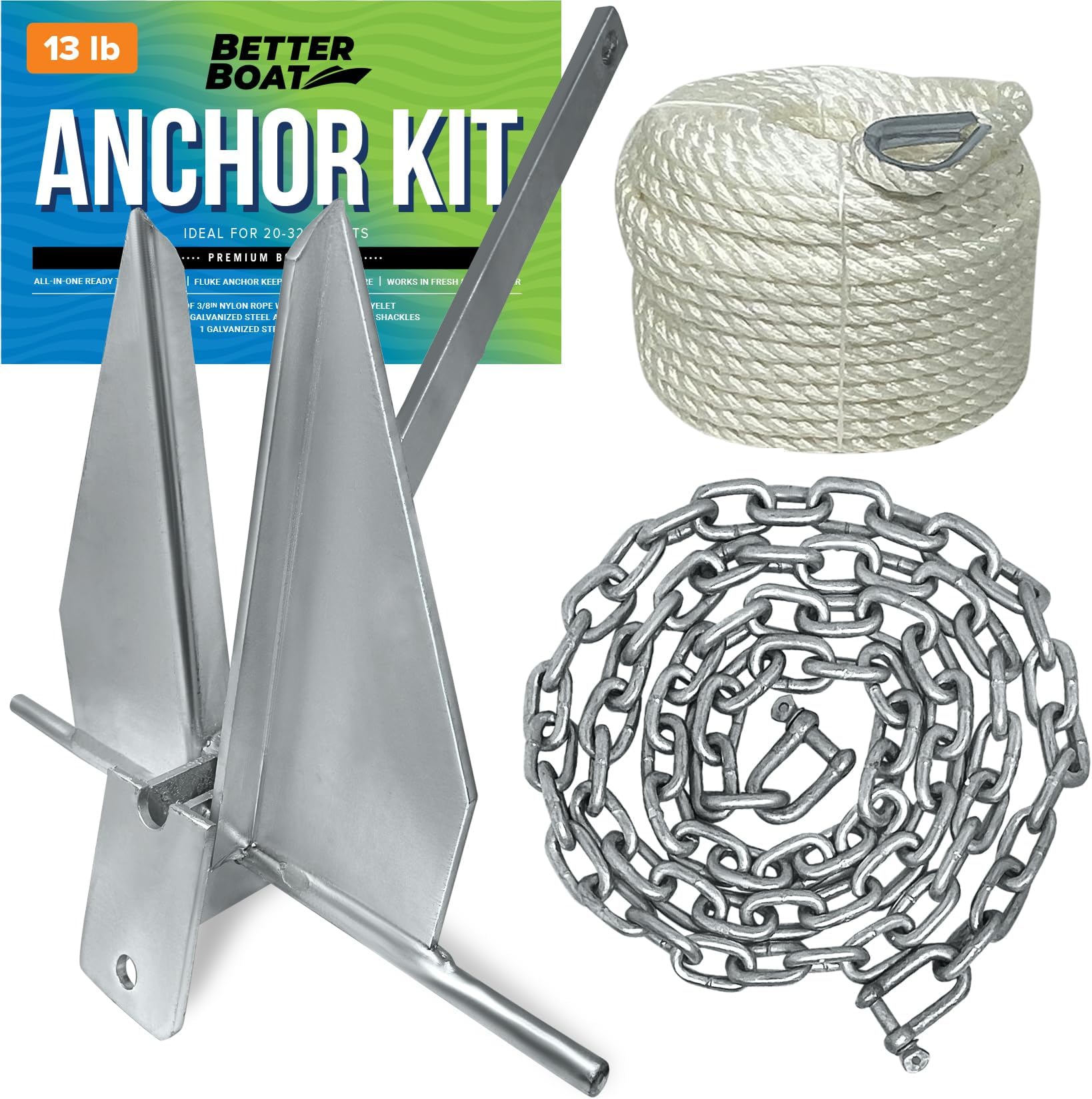 - Better Boat Boat Anchor Kit with Rope and Chain, Heavy Duty Fluke Anchor for Boats, Hot Dip Galvanized Steel, Pontoon Sailboat Fishing Deck, Multiple Sizes