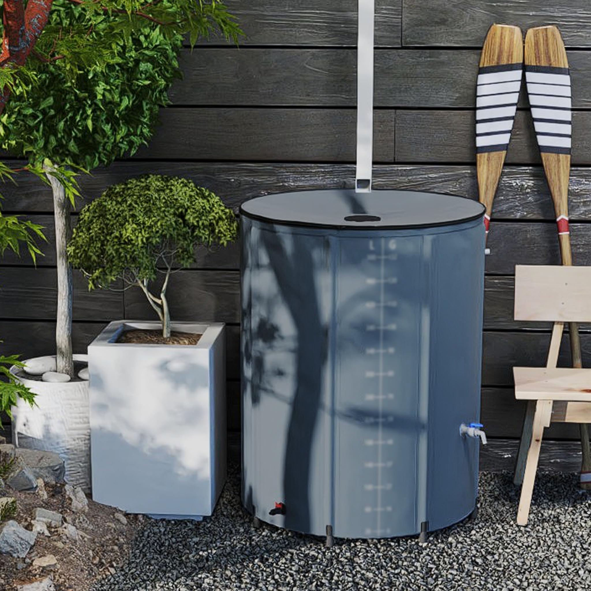 YRHome Serbatoio per acqua piovana pieghevole, 750 litri, resistente ai raggi UV e alle intemperie, con protezione da troppopieno e scala laterale, compatto per giardino, balcone, campeggio, antracite