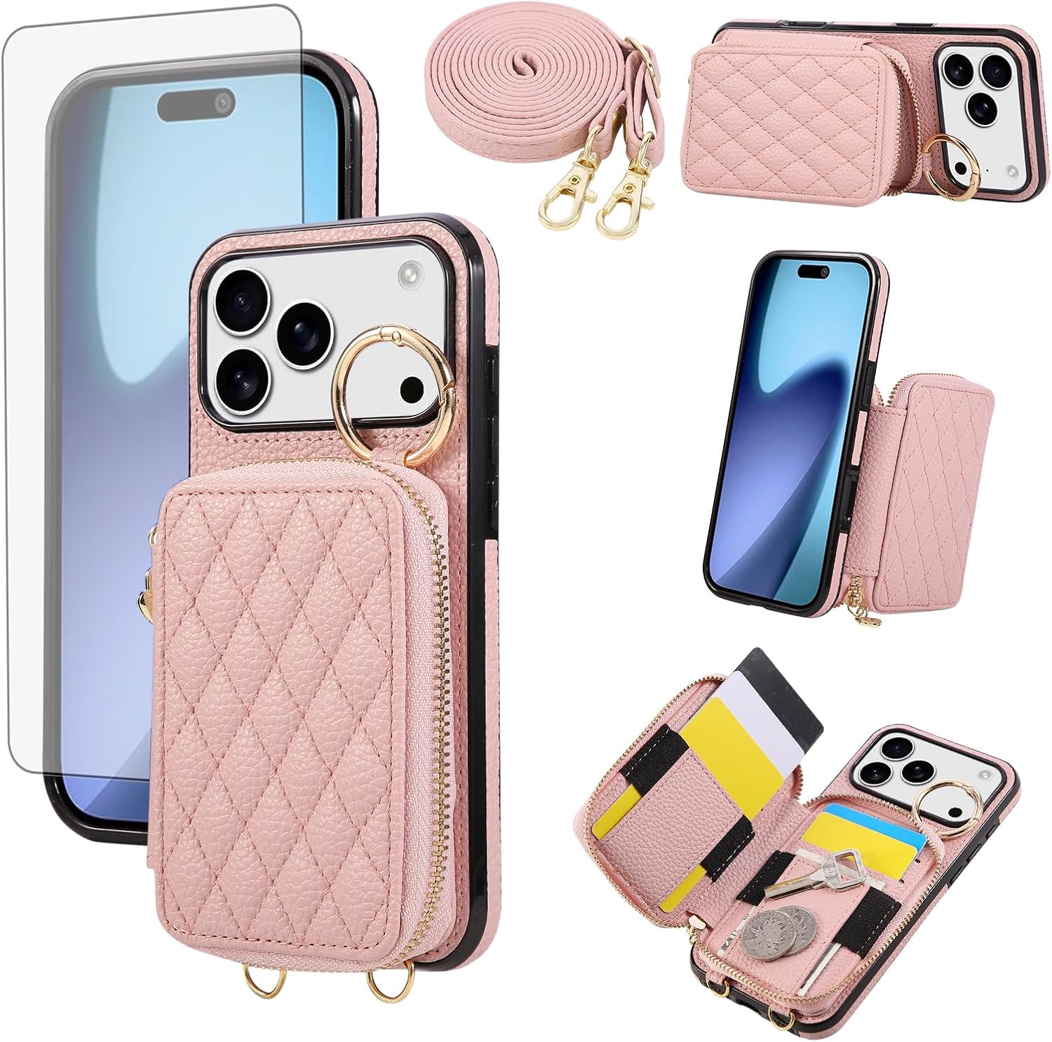 Asuwish Phone Case for iPhone 17 Pro 6.3 inch 2025 Zipper Wallet Cell Cover with Tempered Glass Screen Protector Ring Credit Card Holder Slot Crossbody Strap Lanyard i Phone17 i17 17Pro Women Pink