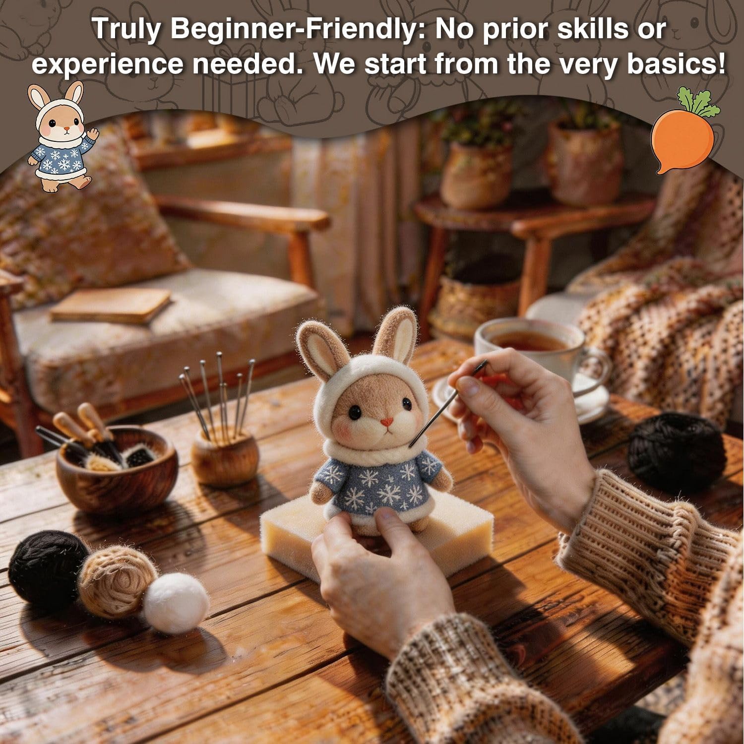 DIY Needle Felting Kit Christmas Santa Bunny – Needle Felting Starter Kit with Fiber Roving, Needles, Felting Pad & Instructions | Felted Animal Kit for Beginners Adults Holiday DIY Craft Gift