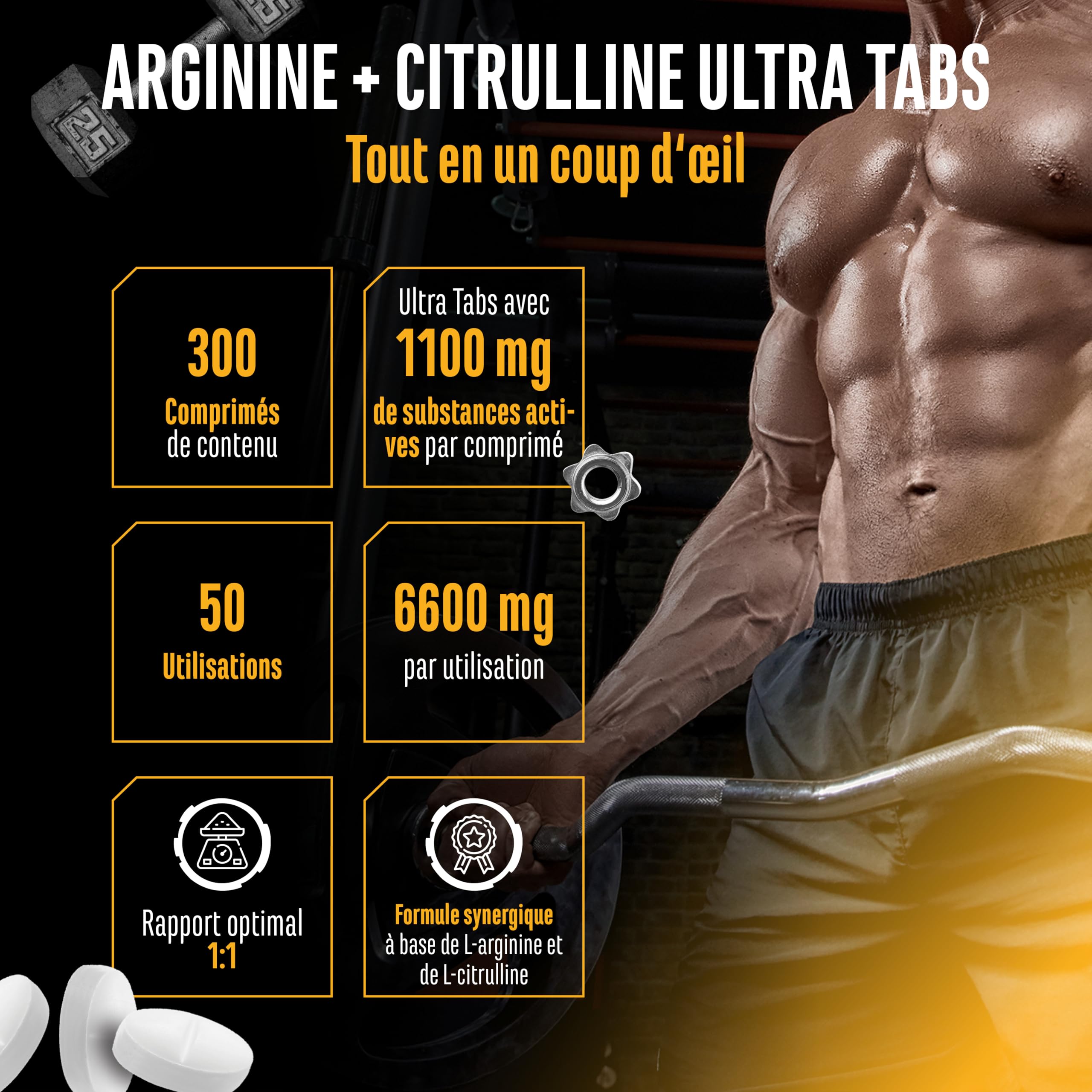 L-arginine + L-citrulline Ultra comprimés - 300 comprimés avec 1100 mg - Association à haute dose de L-arginine base et L-citrulline malate 2:1 - Végan
