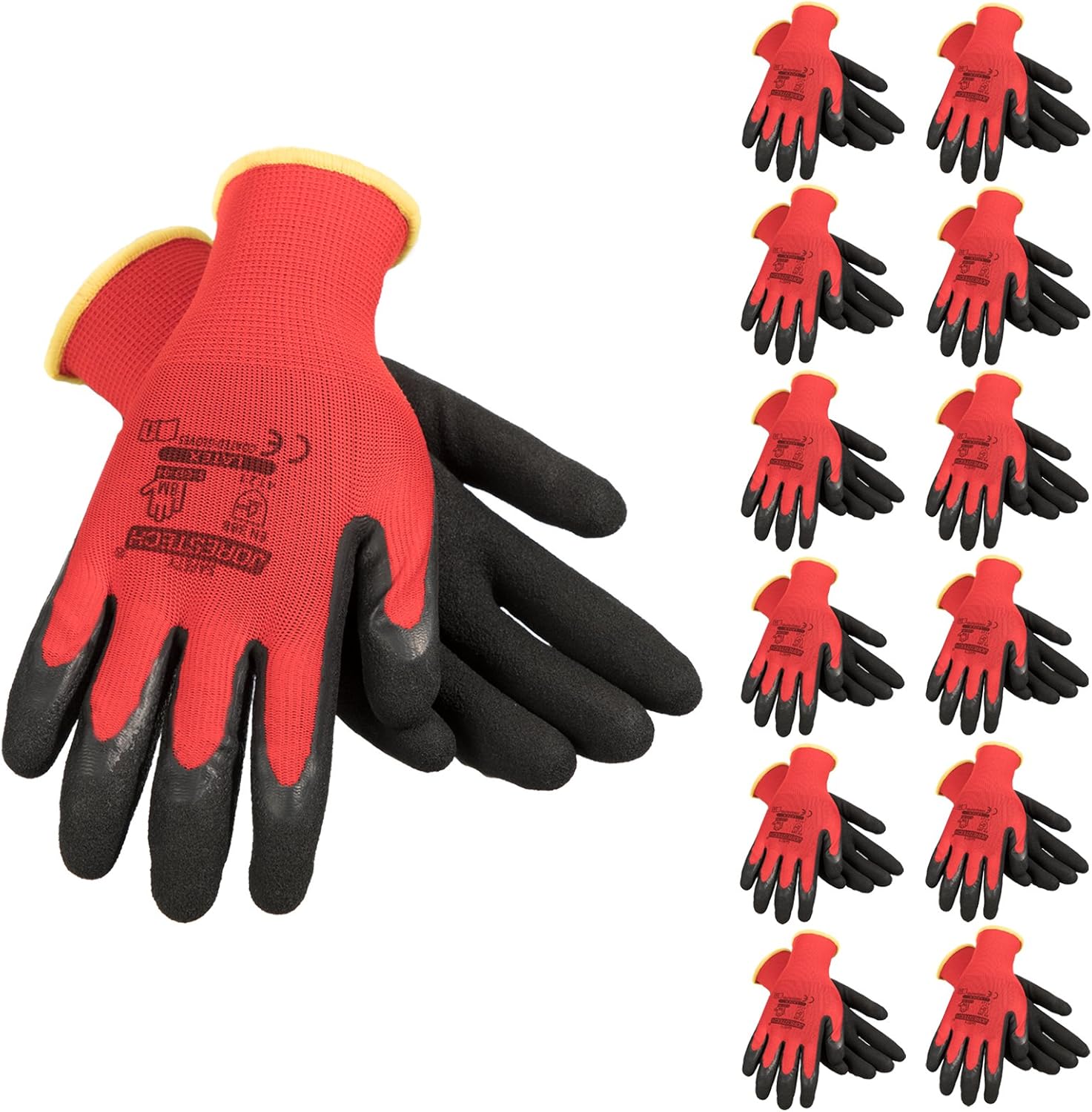 JORESTECH Safety Work Gloves, Polyester Seamless Knit with Sandy Latex Palm Coating, EN 388 2131X, Pack of 12