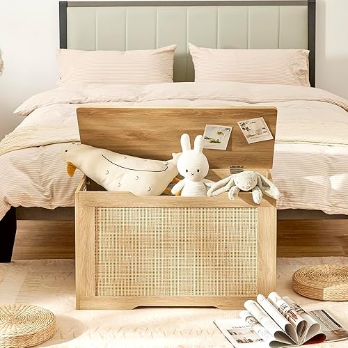 Vista 12 de usikey Cofre de almacenamiento de 39.4 pulgadas, baúl de juguetes, caja de juguetes con bisagras de seguridad, banco de almacenamiento superior Negro