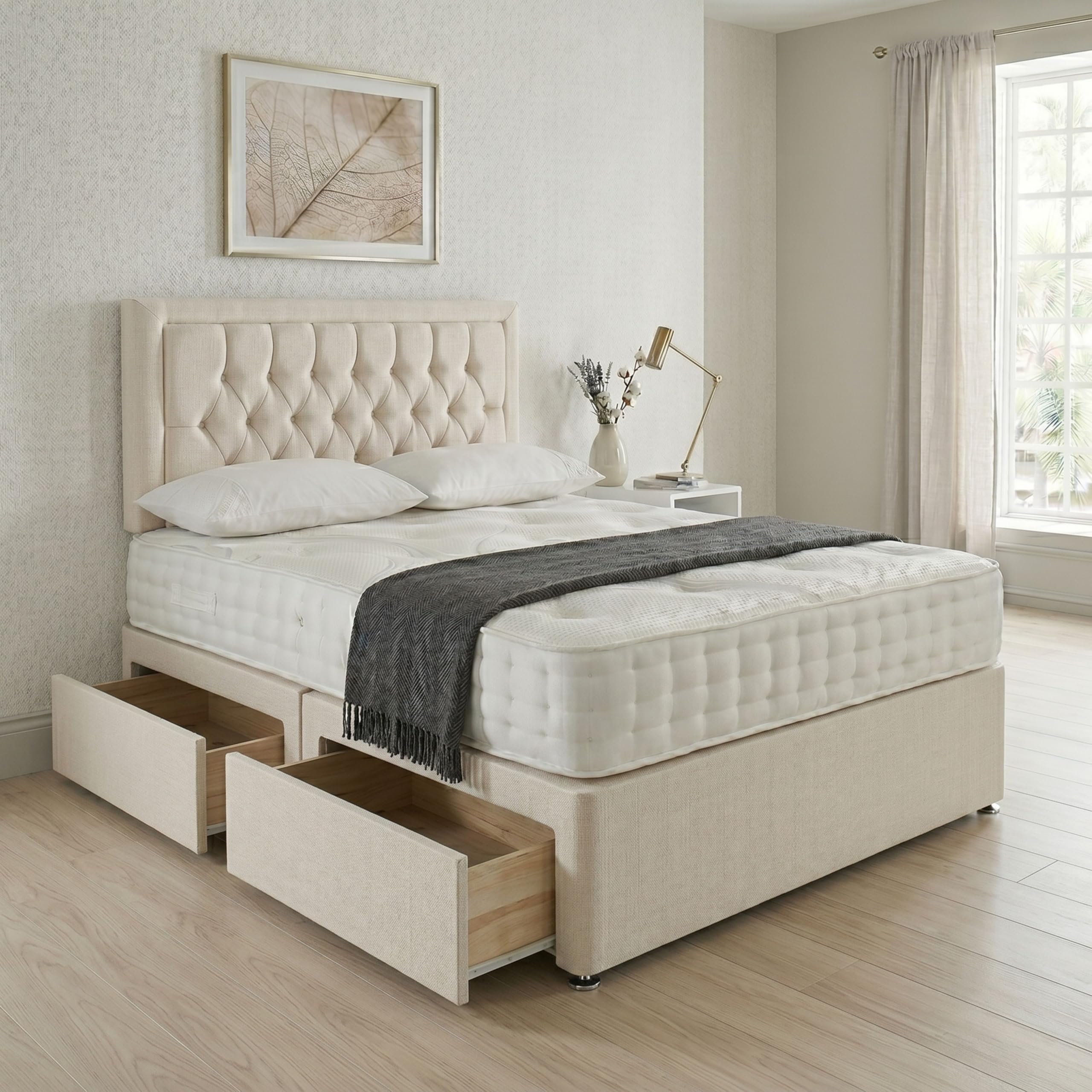 Bellaio Premium Divan Bed Frame with Storage Drawers & 24" Headboard, Plush Velvet Fabric, Mattress Optional - 3ft Bed Only - Cream - 2-Drawers Same Side