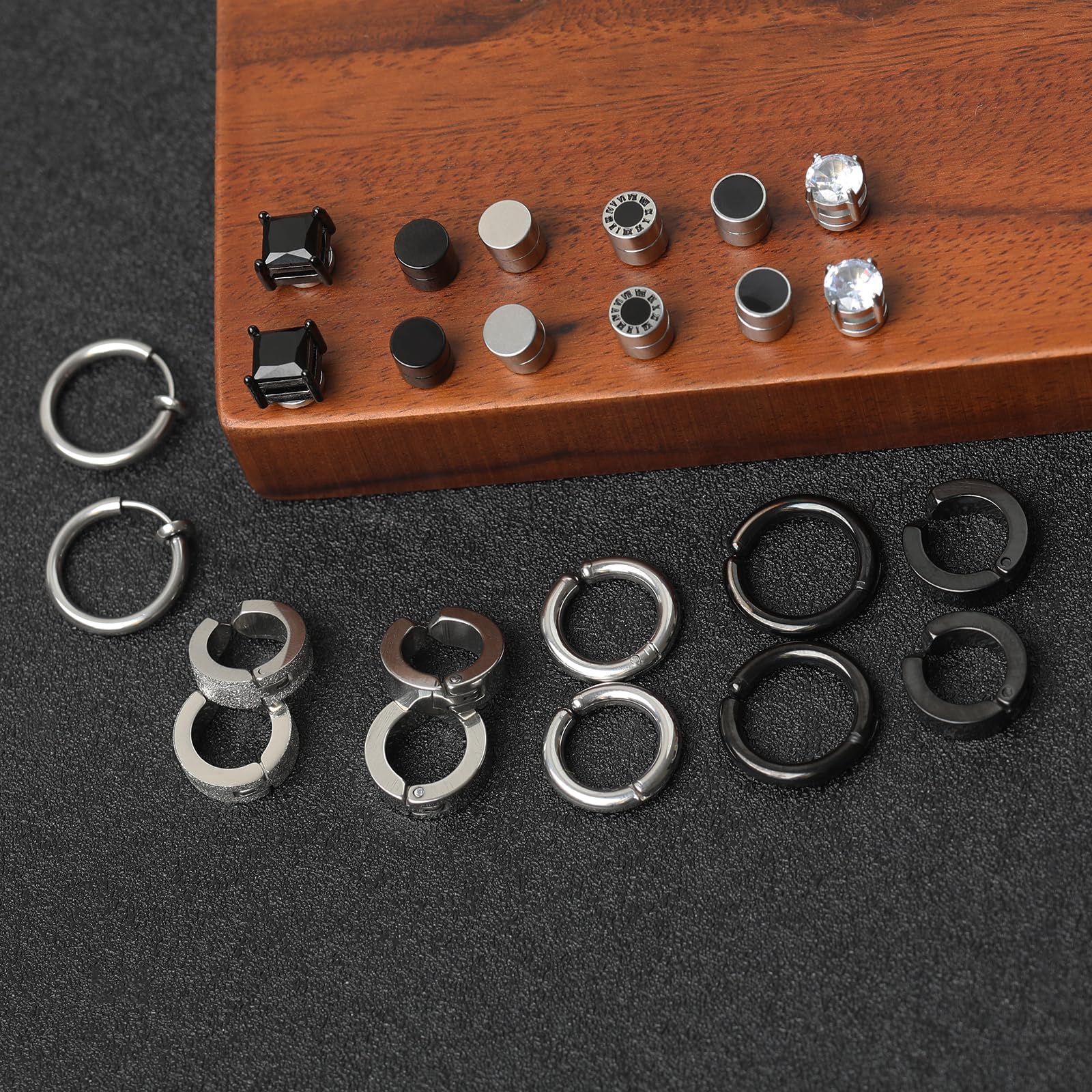 12Paia Orecchini Magnetici Uomo Senza Buco Orecchini con Calamita Acciaio Inossidabile Cerchio Orecchino Clip Non Piercing Orecchino Finti Nero Set Argento