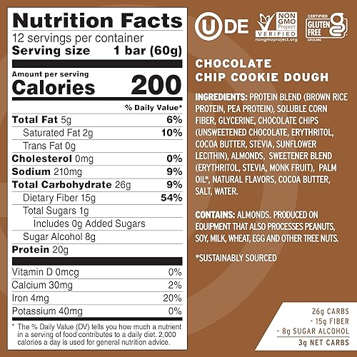 Miniatura 4 de No Cow Barras de proteínas, masa de galletas con chispas de chocolate, 0.74 oz de proteína vegana a base de plantas, aptas para ceto, bajas en