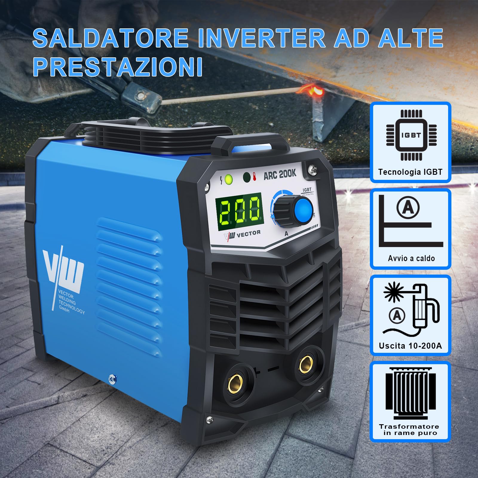 200A Saldatrice Inverter Ad Elettrodo Con Maschera Automatica E Accessori Di Saldatura, Saldatrice Elettrodo MMA/STICK/E-HAND con Hot Start, Arc Force, Anti-Stick -Vector Welding