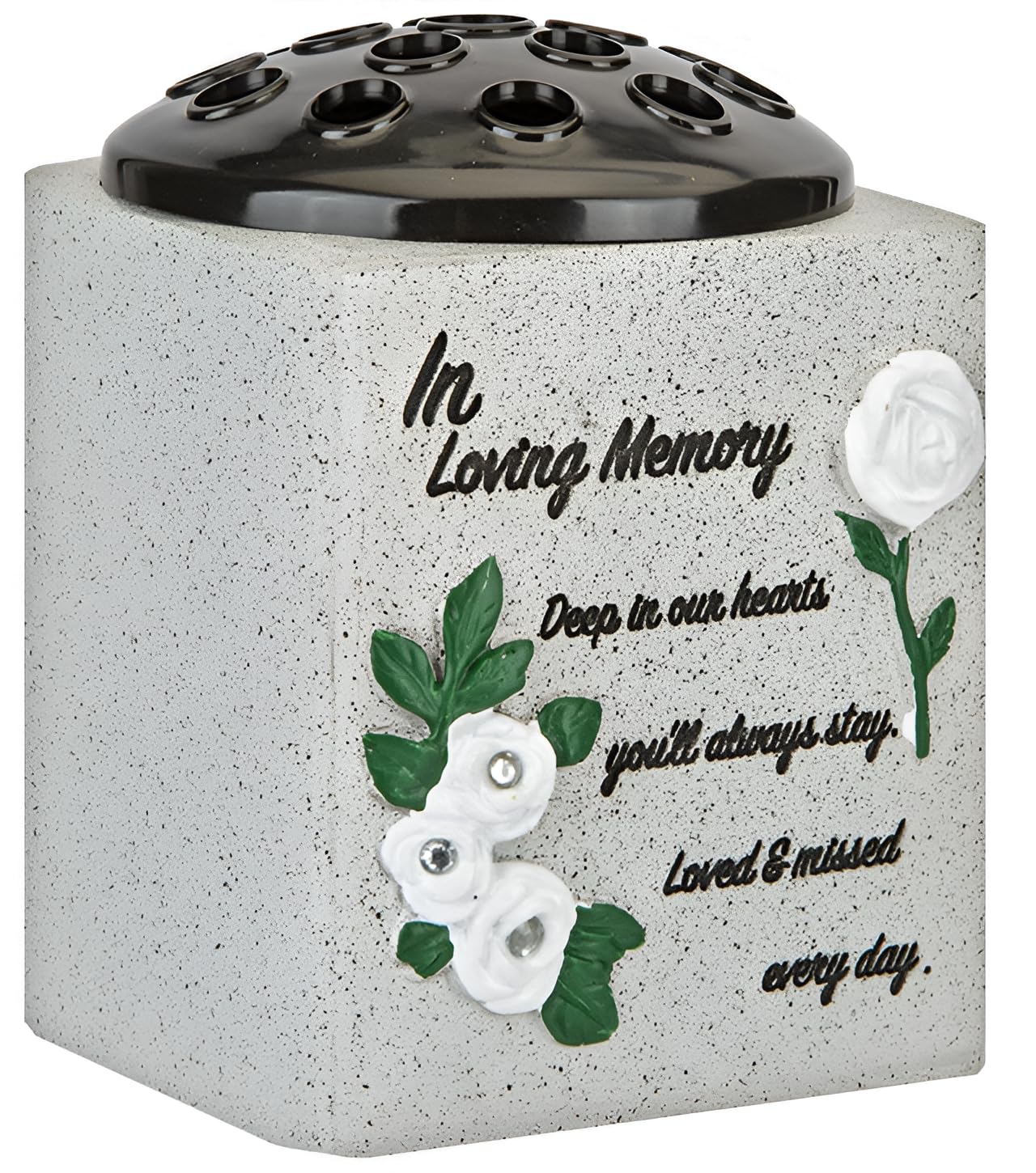 In Loving Memory Grave Flower Pot Vase – Memorial Flowers Holder with Roses & Diamantes – Weatherproof Cemetery Vase – Removable Flower Insert & Inscription – Graveside Remembrance Ornament
