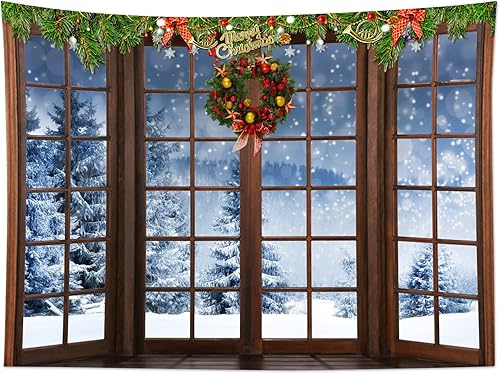 Miniatura 2 de HVEST Tapiz de invierno, bosque de nieve, exteriores, ventanas, tapices para colgar en la pared, bolas rojas de Navidad y corona de Navidad, tapiz