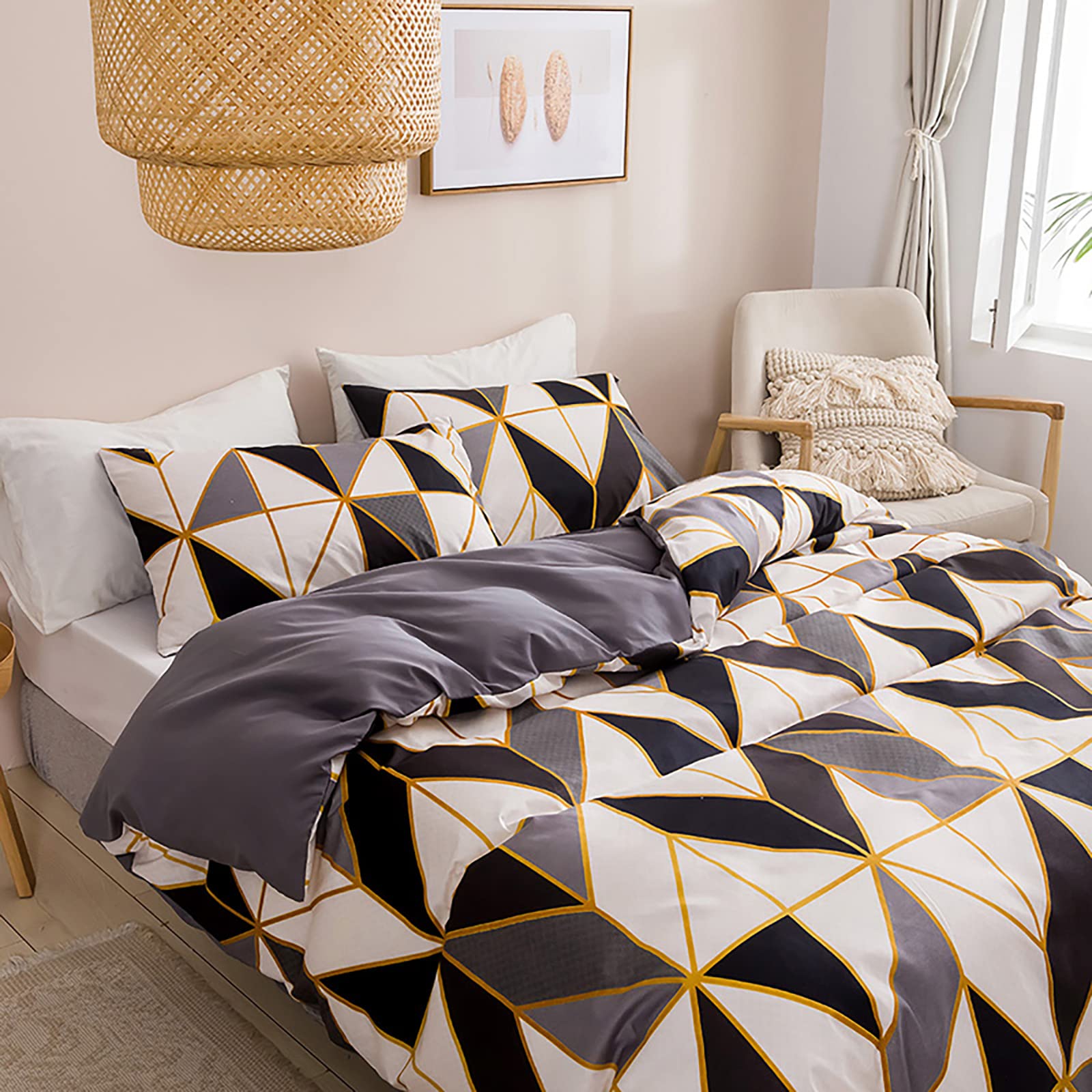 Geométrica Diseño Funda Nordica Funda para Edredón 220 x 240 cm con 2 Fundas de Almohada 50x75cm Juego Ropa para Cama 135/150 Cuadros Rayas Conjunto Fundas Nórdica Microfibra Gris Negra