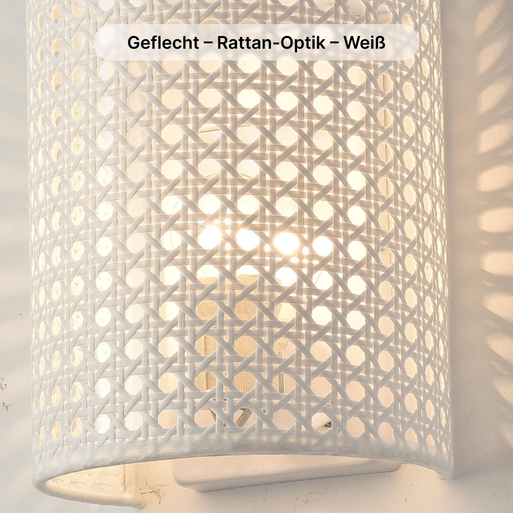 Wandleuchte Innen Vintage Weiß–Rattan Optik mit Wabenmuster | 2er Set Handgewebte Wandlampe, E27 Wandleuchten für Wohnzimmer Flur Schlafzimmer,20x16,5x12cm–Up&Down Licht–ohne Leuchtmittel