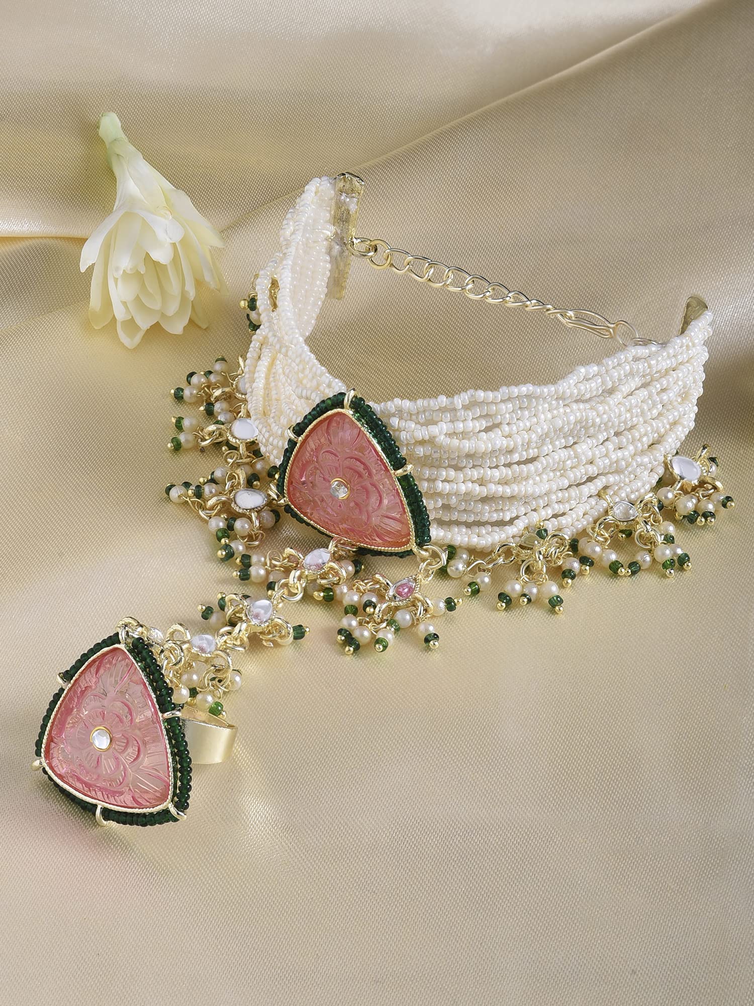 Women's Pink & Green Multistrand Bridal Hand Harness