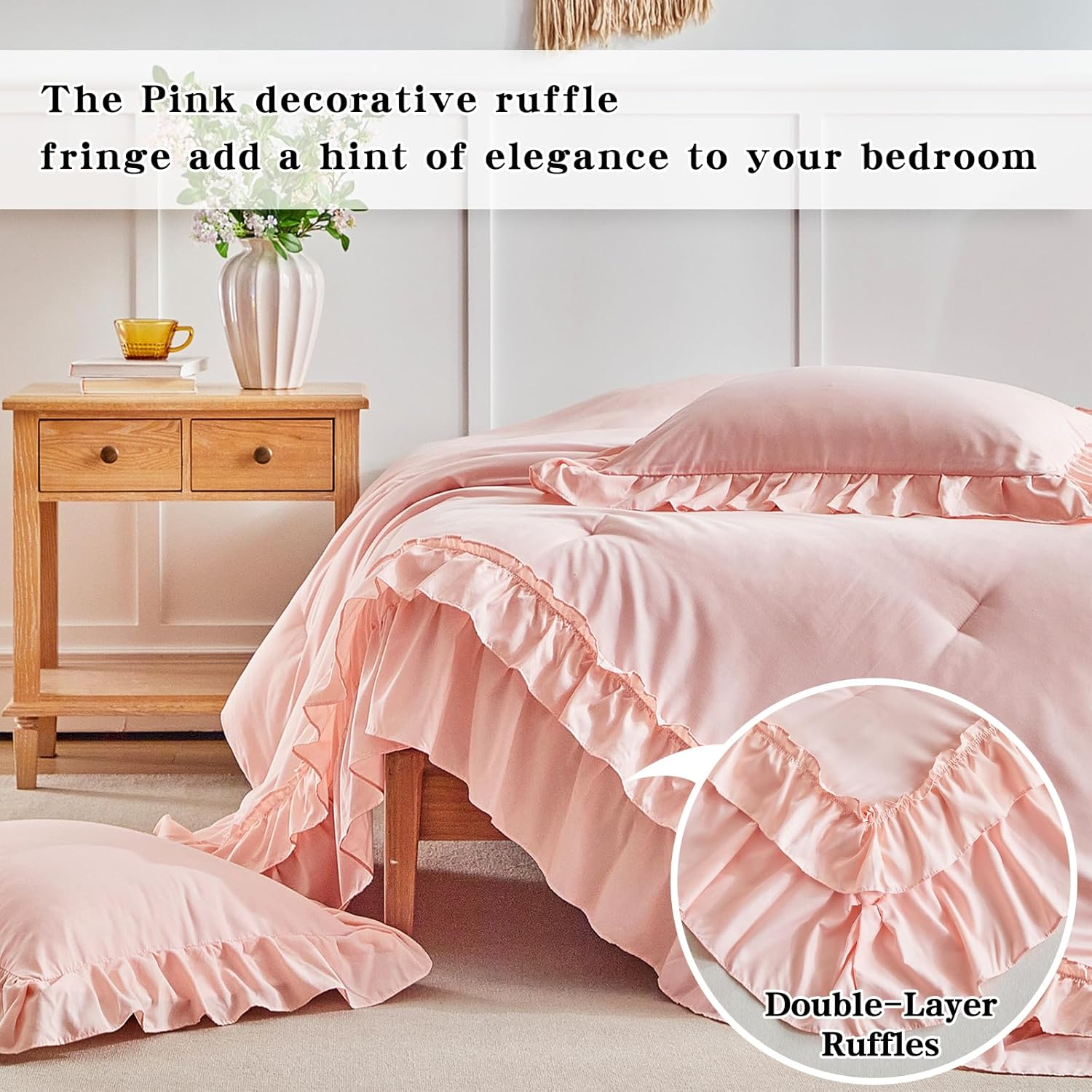 Flysheep Pink Ruffle Comforter Set Twin Size, 3 Pieces Vintage Farmhouse Shabby Chic Comforters, Solid Color Lightweight Soft Fluffy Bedding Sets for Girls (1 Ruffled Comforter + 2 Pillow Shams) - Image 4