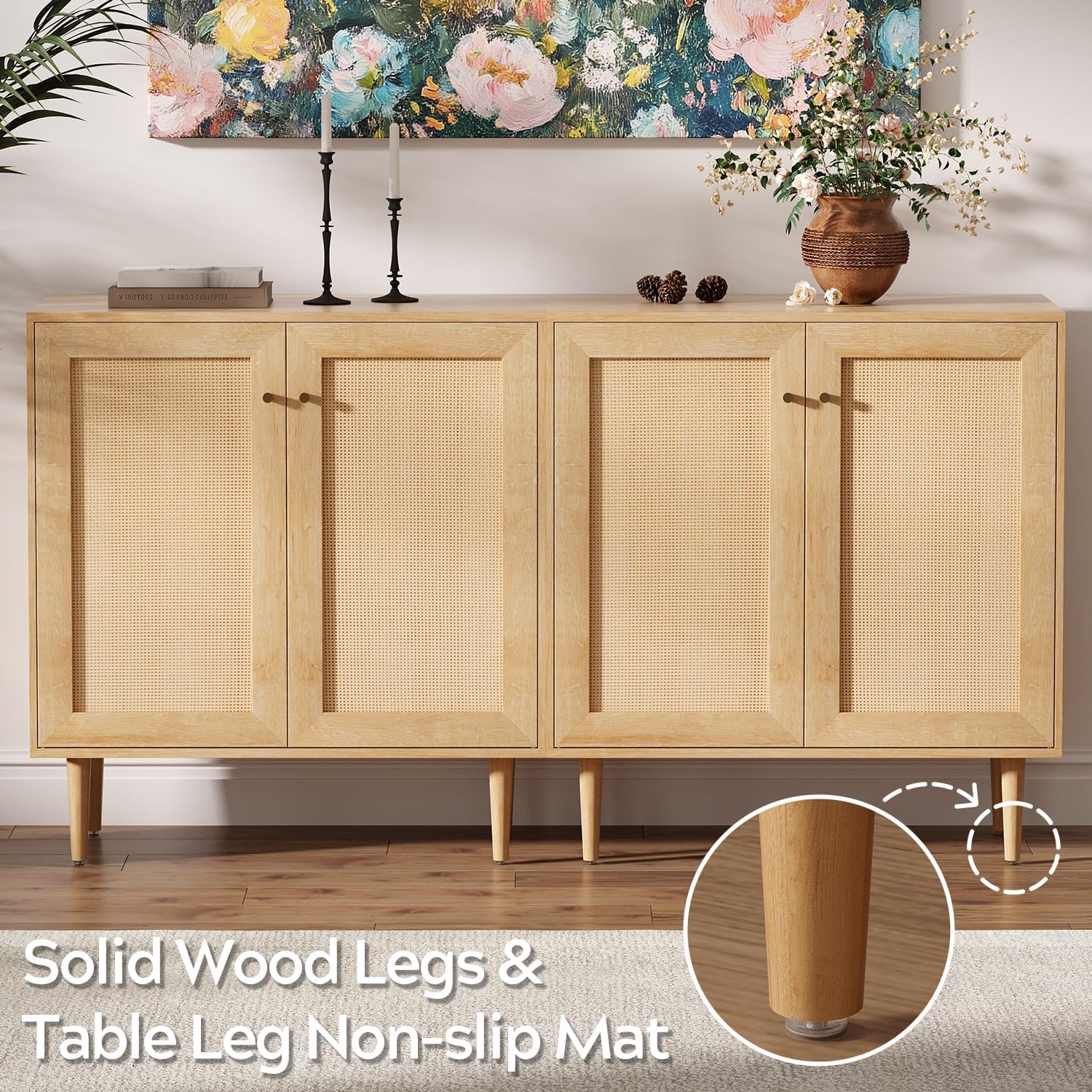 Square Rattan Door Storage Cabinet with Adjustable Shelves, New Wood Buffet Cabinet with Magnetic Waterproof Design, Large Buffet Sideboard for Kitchen Living Room - Natural Oak
