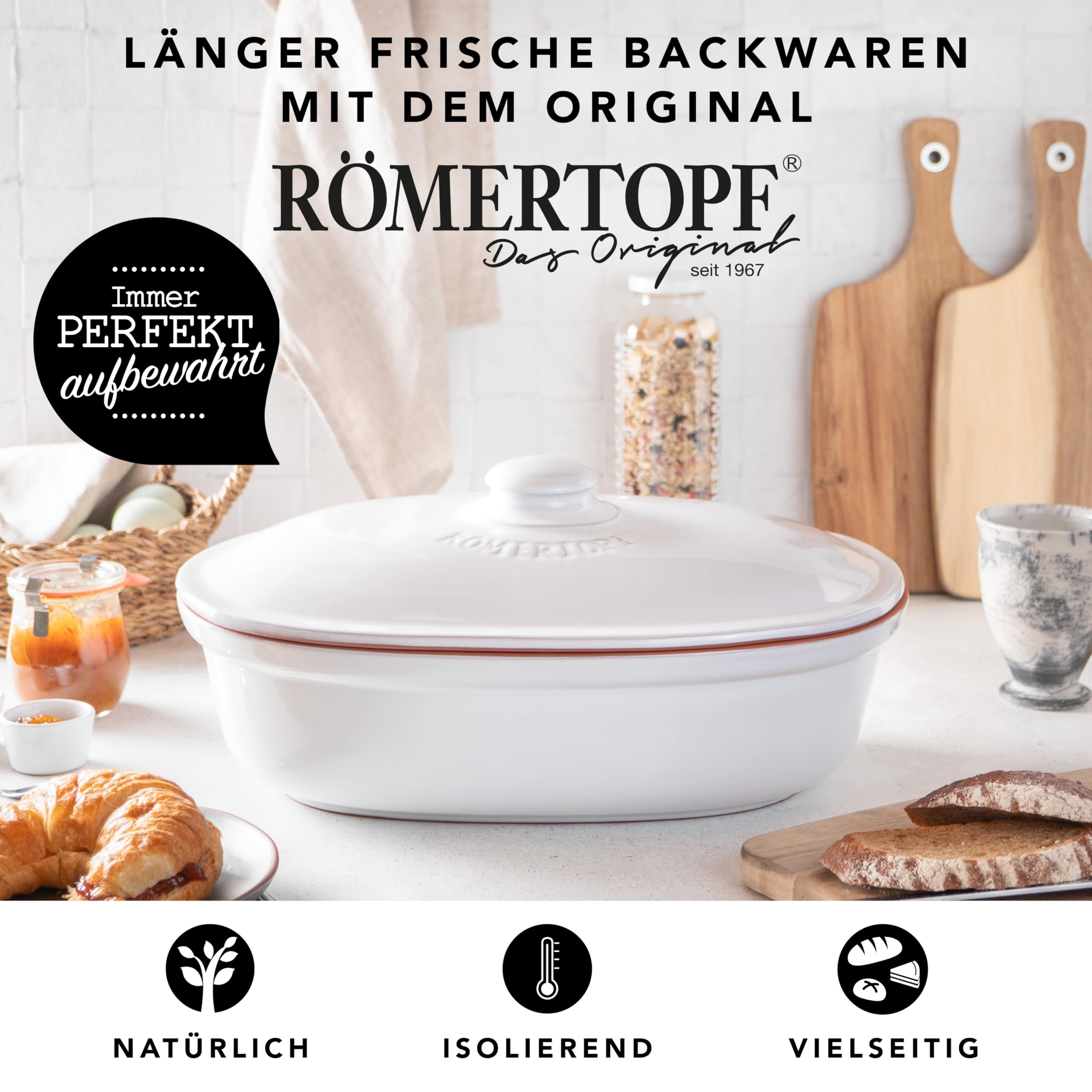 Römertopf Brottopf weiß 6,5 Liter – ovaler Brotbehälter aus natürlicher Keramik mit Deckel – zur Aufbewahrung von Brot, Brötchen, Obst & Gemüse – atmungsaktiv & spülmaschinengeeignet
