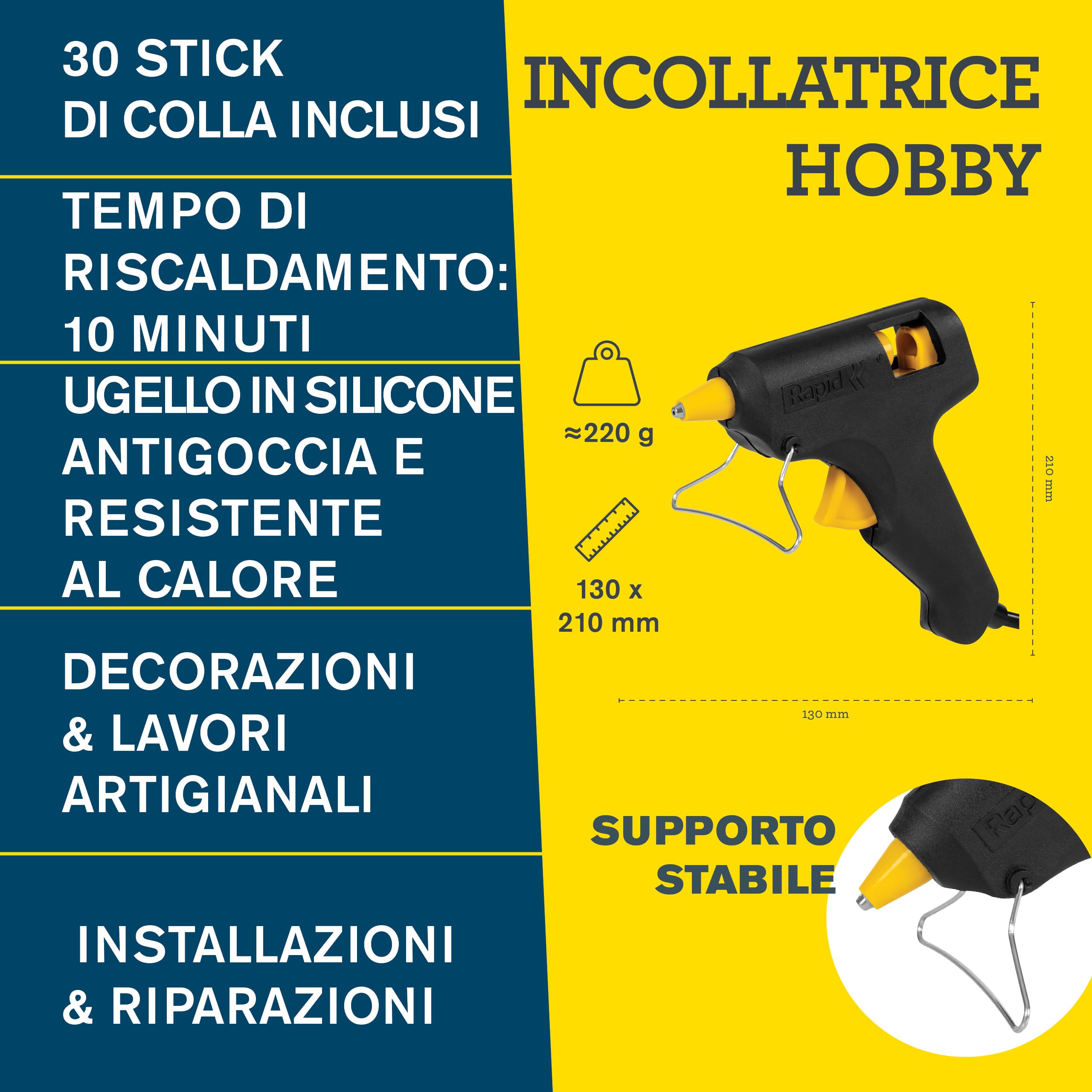 Rapid Pistola per Colla a Caldo Hobby 7 mm 100 g/h 10 Minuti con 30 Stick Trasparenti